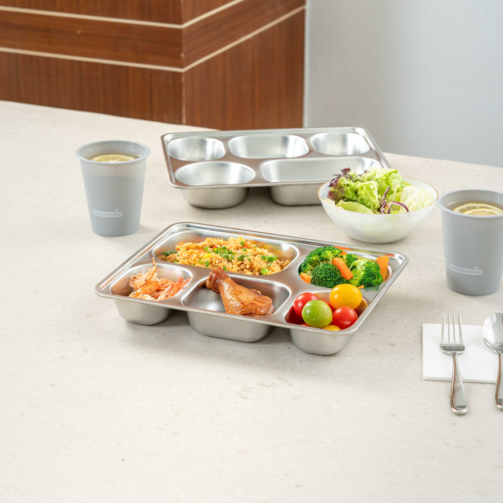 Met Lux Ambidextrous Rectangle Stainless Steel Tray - 5 Compartments - 11" x 8 3/4" x 1 3/4" - 2 count box