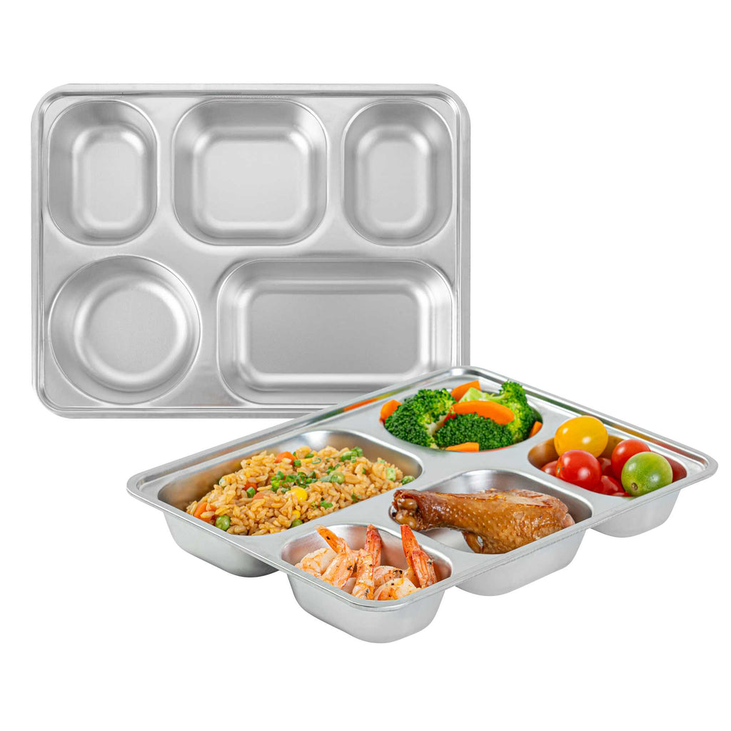 Met Lux Ambidextrous Rectangle Stainless Steel Tray - 5 Compartments - 11" x 8 3/4" x 1 3/4" - 20 count box