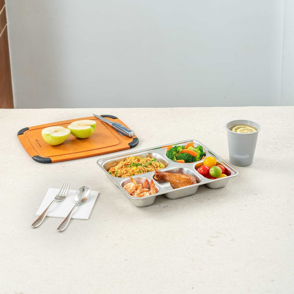 Met Lux Ambidextrous Rectangle Stainless Steel Tray - 5 Compartments - 11" x 8 3/4" x 1 3/4" - 20 count box