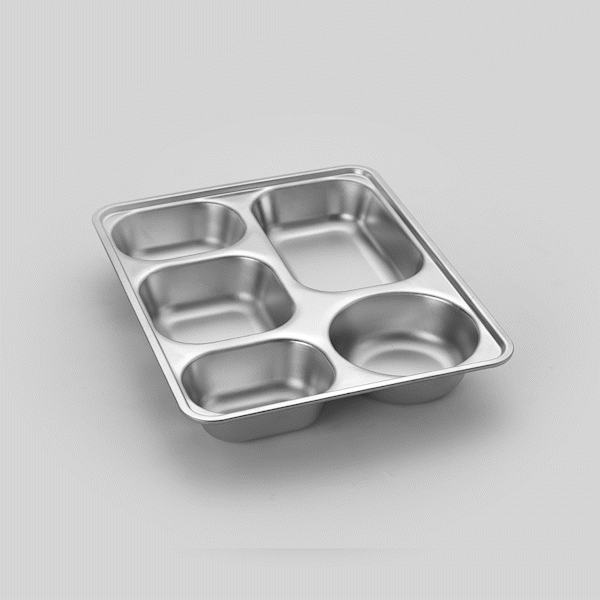 Met Lux Ambidextrous Rectangle Stainless Steel Tray - 5 Compartments - 11" x 8 3/4" x 1 3/4" - 20 count box