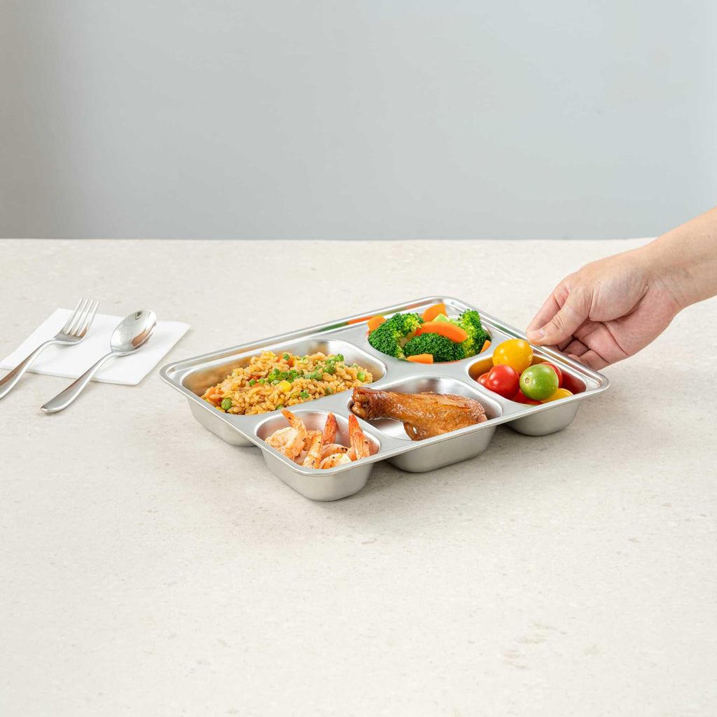Met Lux Ambidextrous Rectangle Stainless Steel Tray - 5 Compartments - 11" x 8 3/4" x 1 3/4" - 20 count box