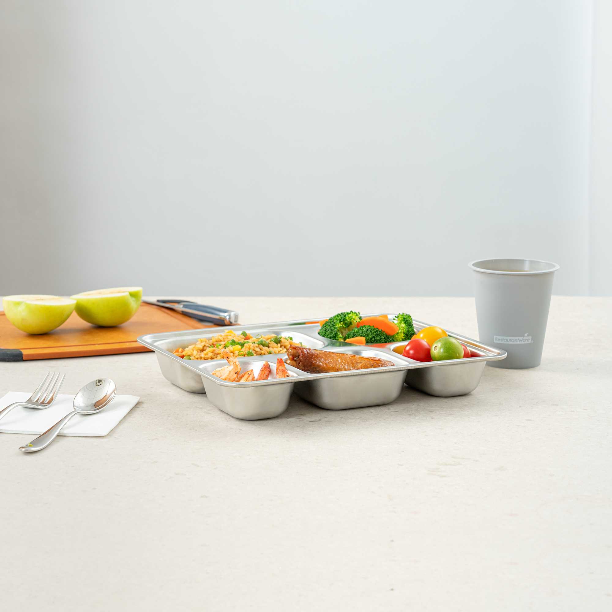 Met Lux Ambidextrous Rectangle Stainless Steel Tray - 5 Compartments - 11" x 8 3/4" x 1 3/4" - 20 count box