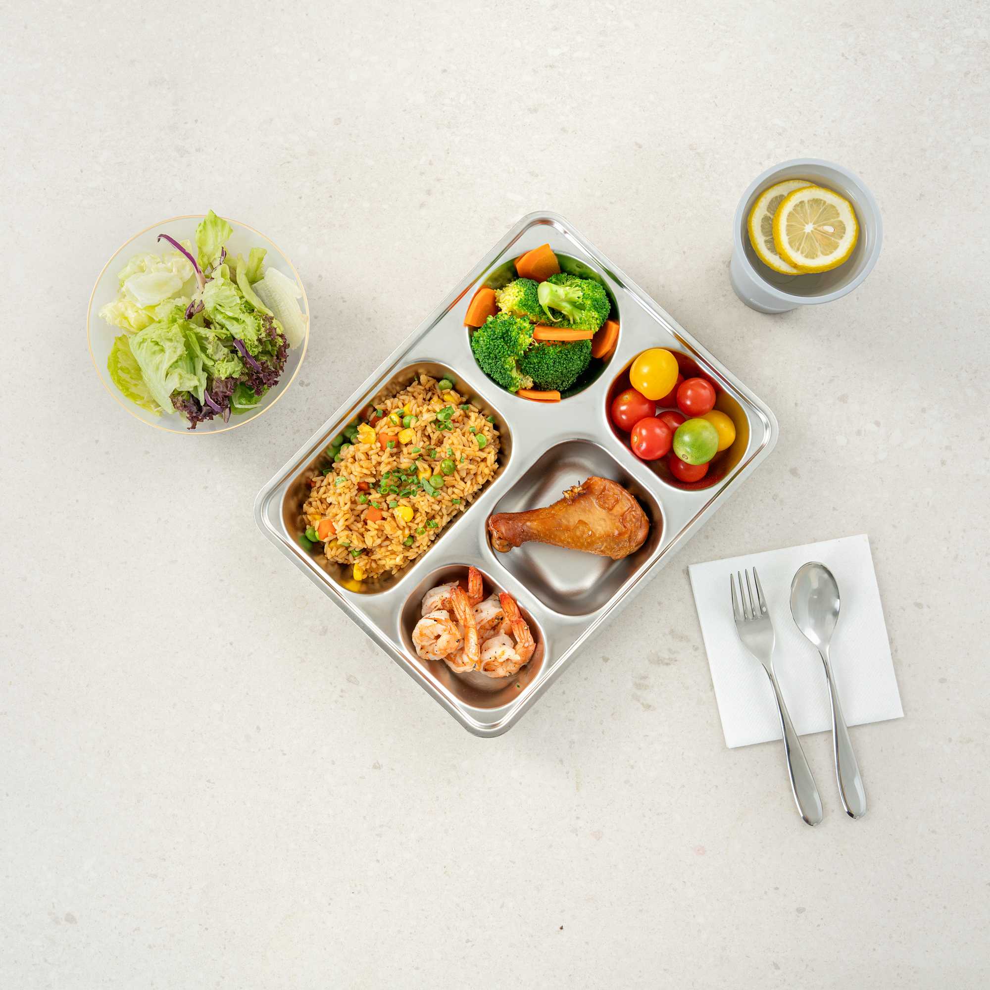 Met Lux Ambidextrous Rectangle Stainless Steel Tray - 5 Compartments - 11" x 8 3/4" x 1 3/4" - 20 count box