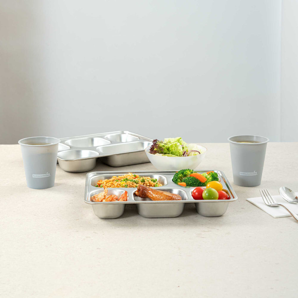 Met Lux Ambidextrous Rectangle Stainless Steel Tray - 5 Compartments - 11" x 8 3/4" x 1 3/4" - 20 count box