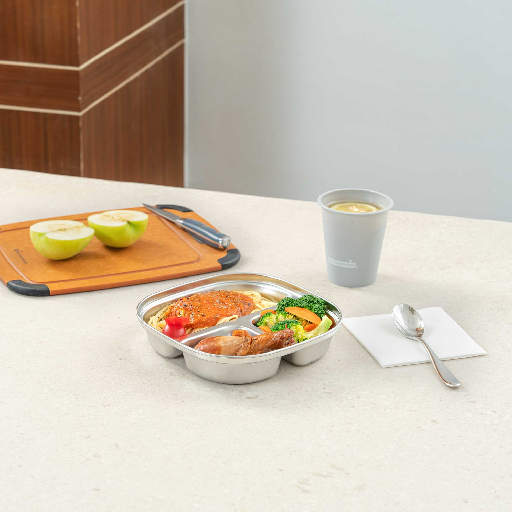 Met Lux Ambidextrous Square Stainless Steel Tray - 3 Compartments - 7 3/4" x 7 3/4" x 1 3/4" - 2 count box