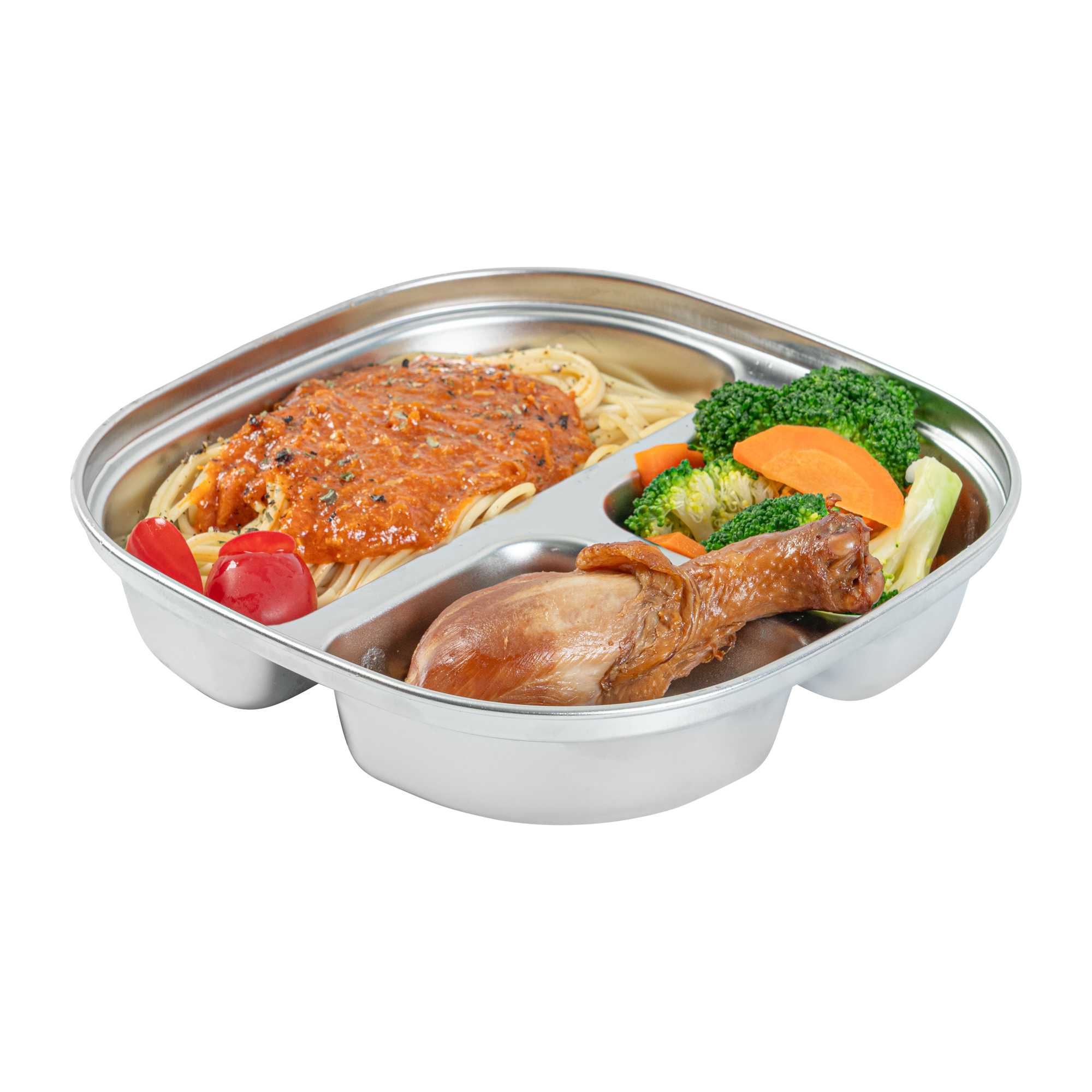 Met Lux Ambidextrous Square Stainless Steel Tray - 3 Compartments - 7 3/4" x 7 3/4" x 1 3/4" - 2 count box