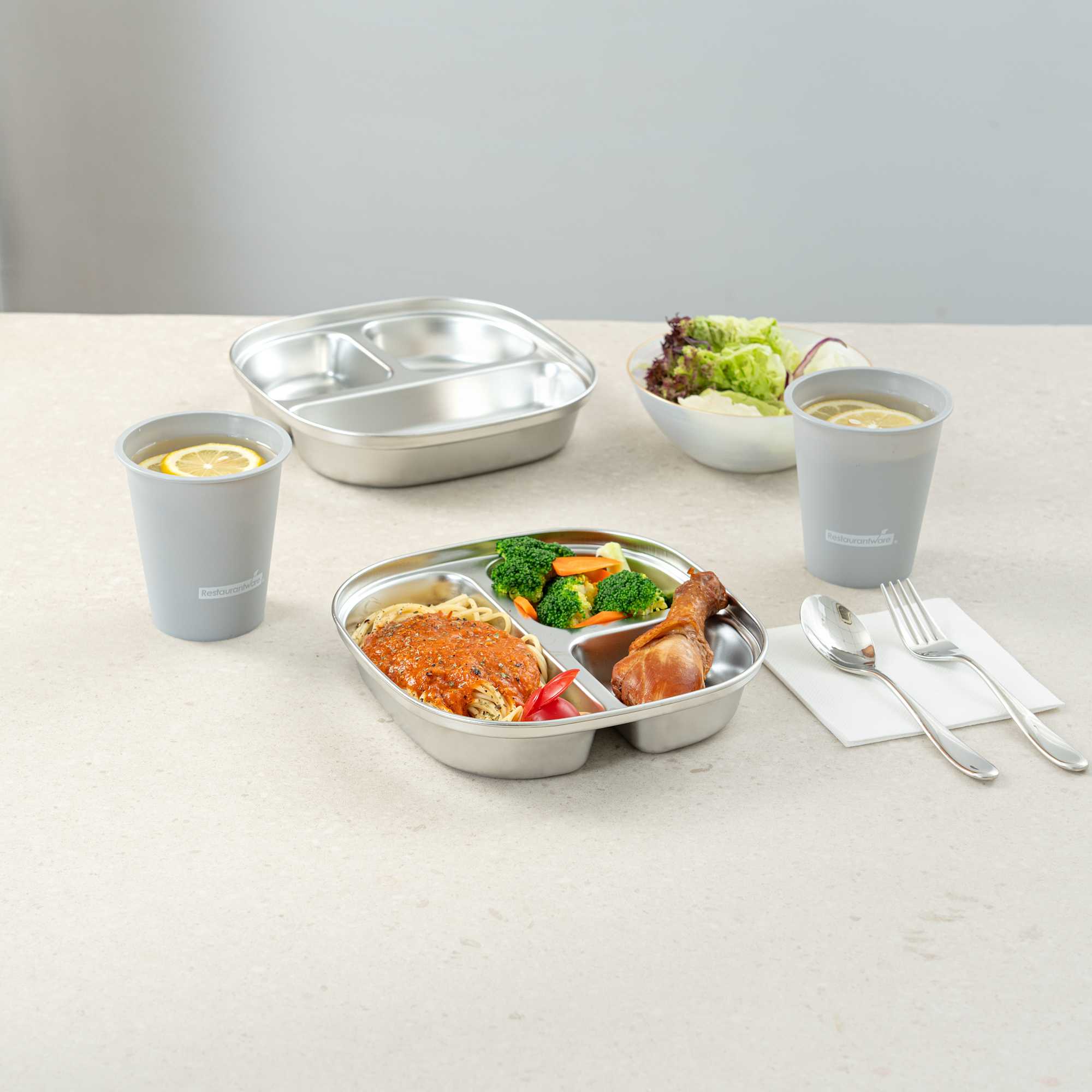 Met Lux Ambidextrous Square Stainless Steel Tray - 3 Compartments - 7 3/4" x 7 3/4" x 1 3/4" - 2 count box