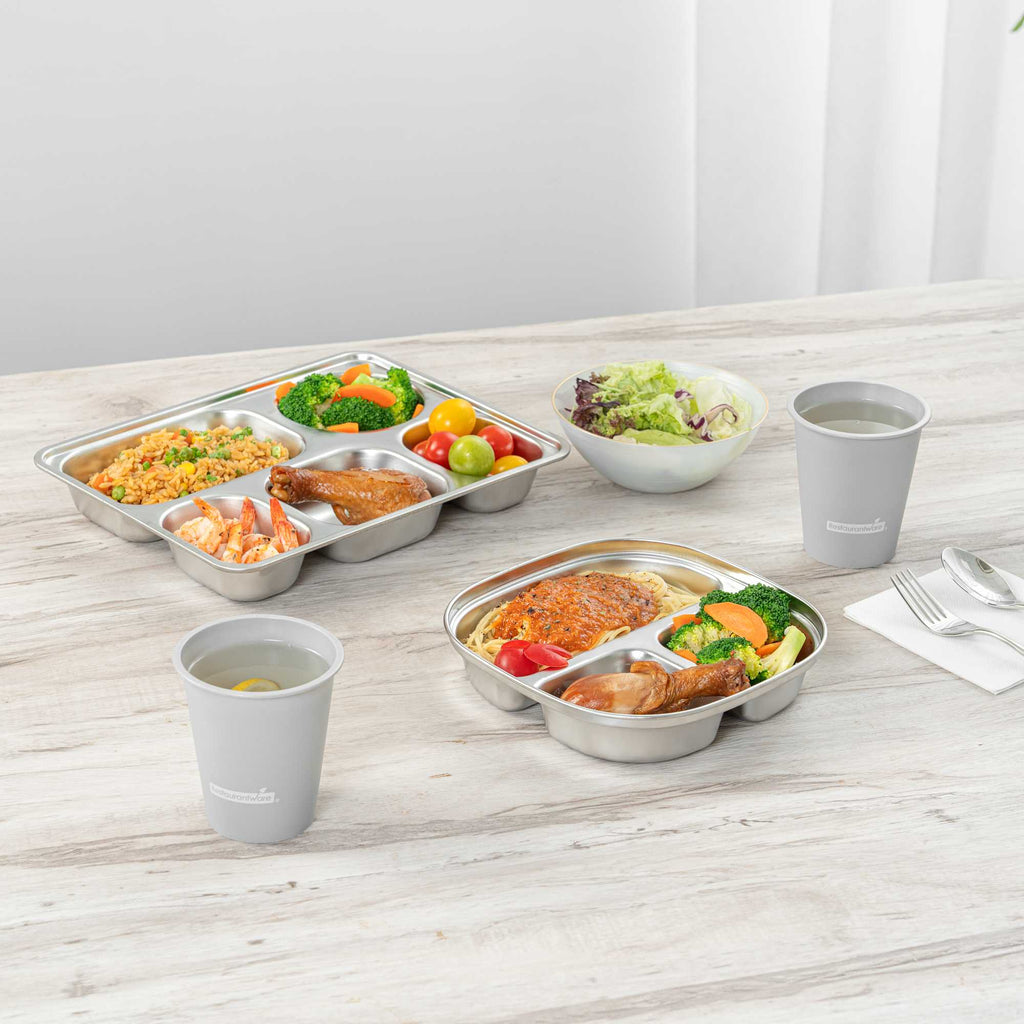 Met Lux Ambidextrous Square Stainless Steel Tray - 3 Compartments - 7 3/4" x 7 3/4" x 1 3/4" - 2 count box