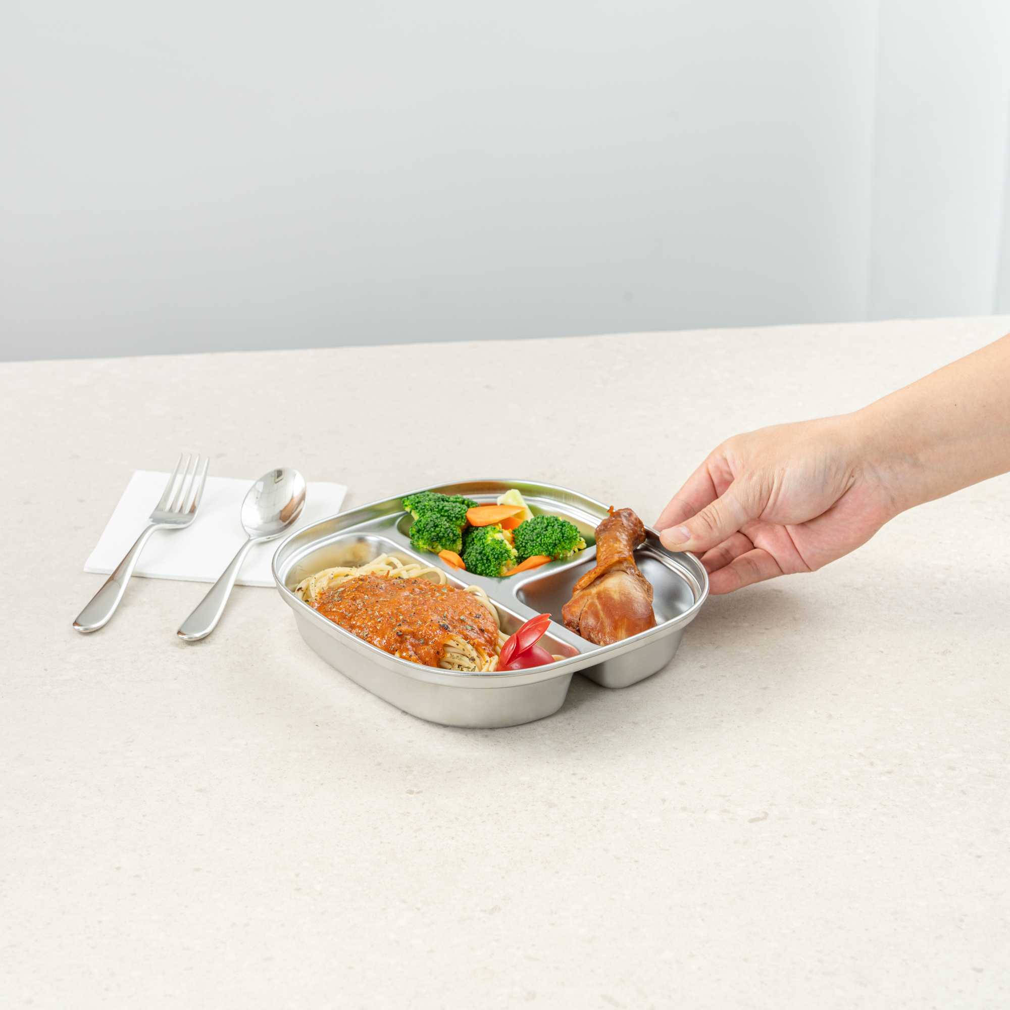 Met Lux Ambidextrous Square Stainless Steel Tray - 3 Compartments - 7 3/4" x 7 3/4" x 1 3/4" - 2 count box