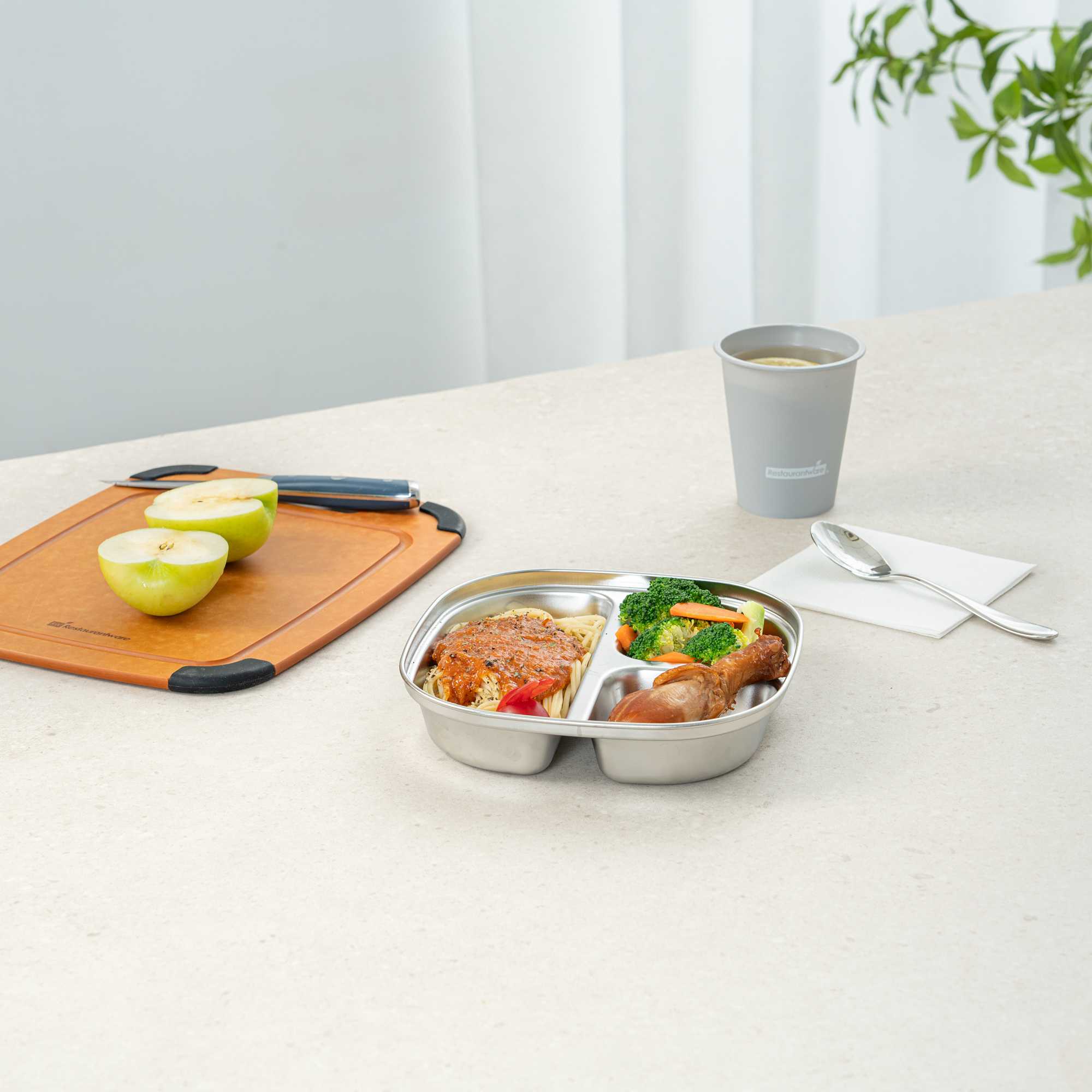 Met Lux Ambidextrous Square Stainless Steel Tray - 3 Compartments - 7 3/4" x 7 3/4" x 1 3/4" - 2 count box