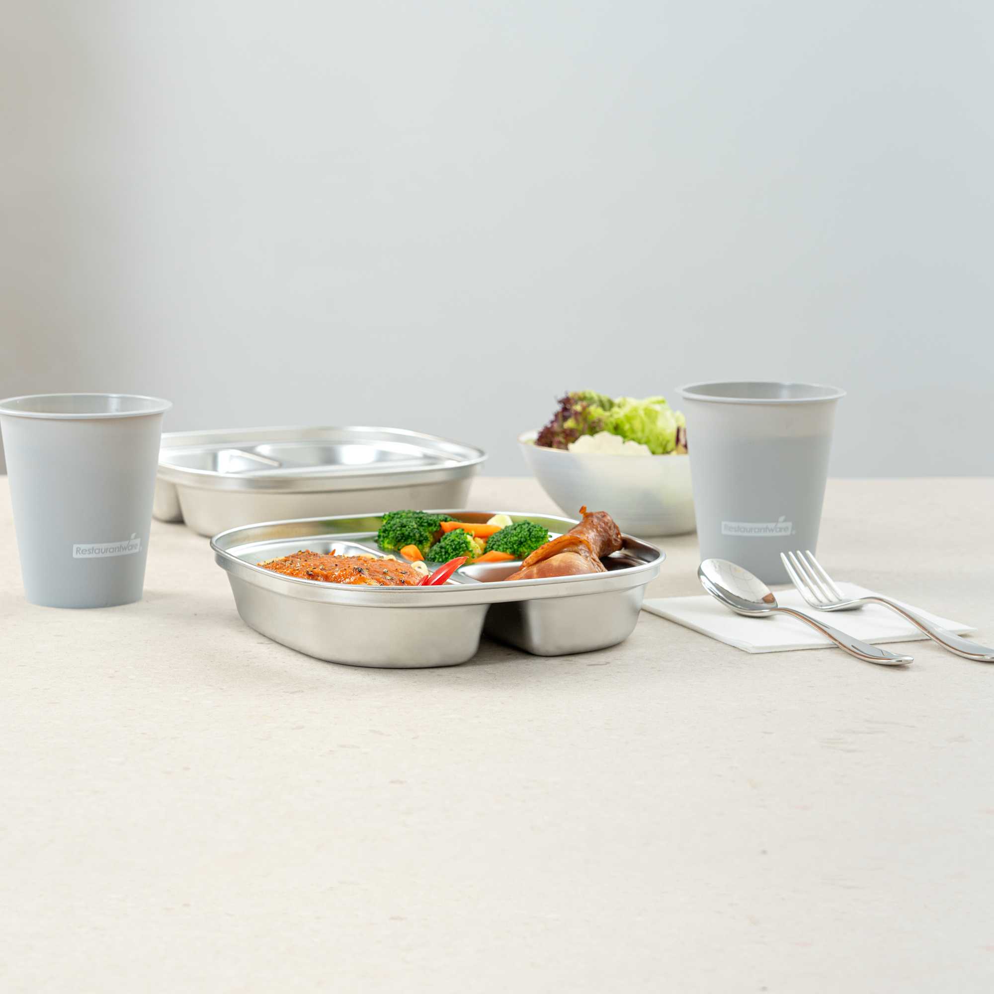 Met Lux Ambidextrous Square Stainless Steel Tray - 3 Compartments - 7 3/4" x 7 3/4" x 1 3/4" - 2 count box