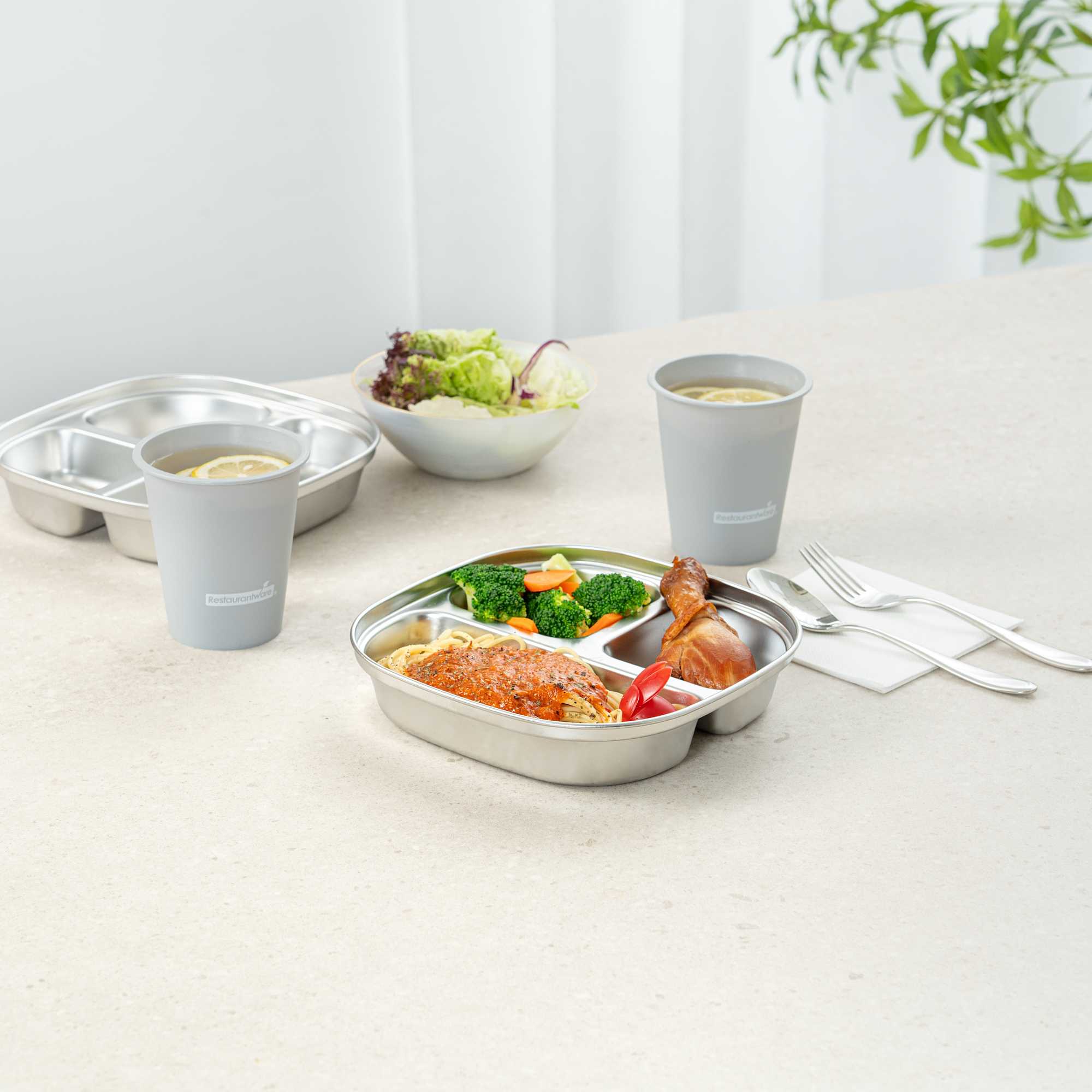 Met Lux Ambidextrous Square Stainless Steel Tray - 3 Compartments - 7 3/4" x 7 3/4" x 1 3/4" - 2 count box