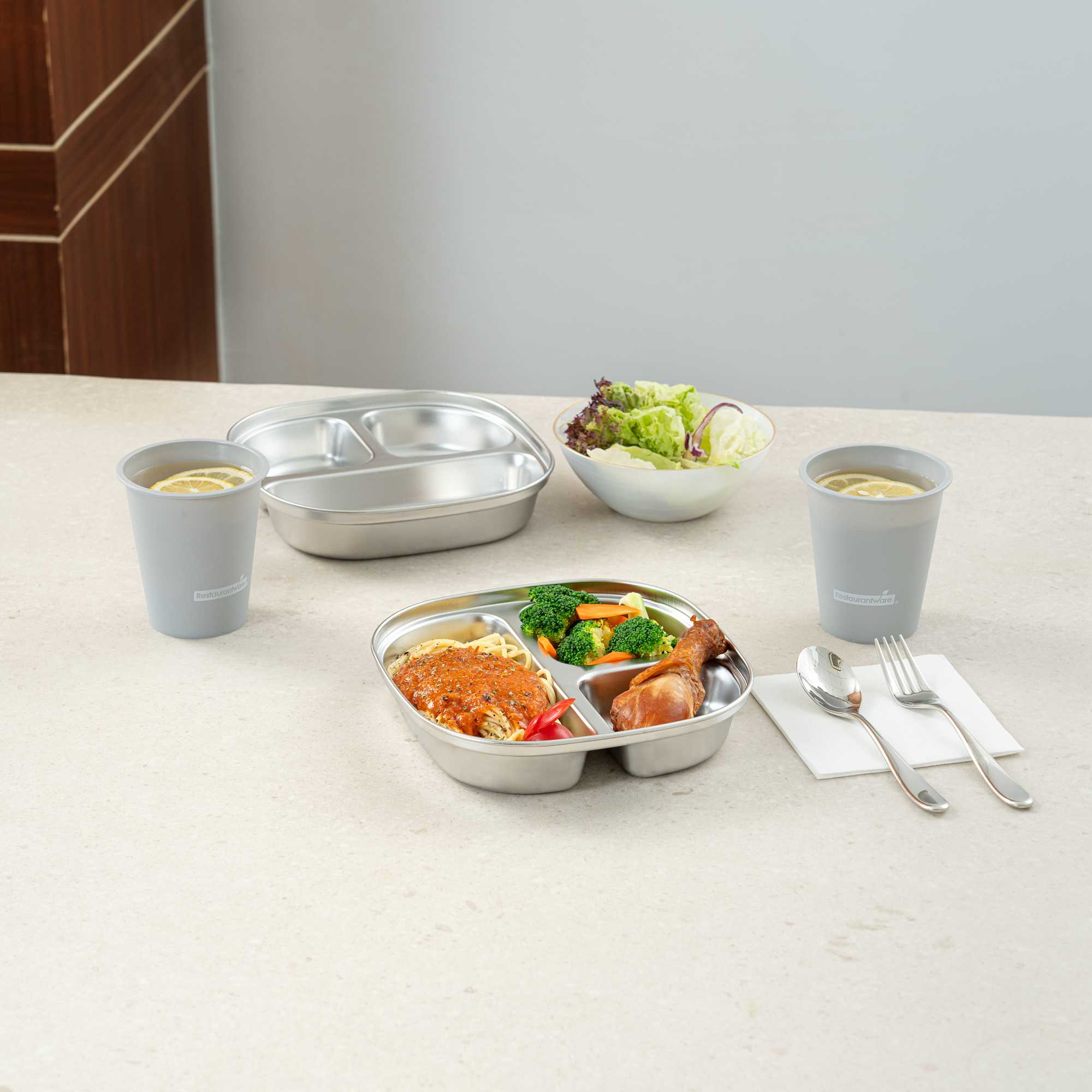 Met Lux Ambidextrous Square Stainless Steel Tray - 3 Compartments - 7 3/4" x 7 3/4" x 1 3/4" - 2 count box