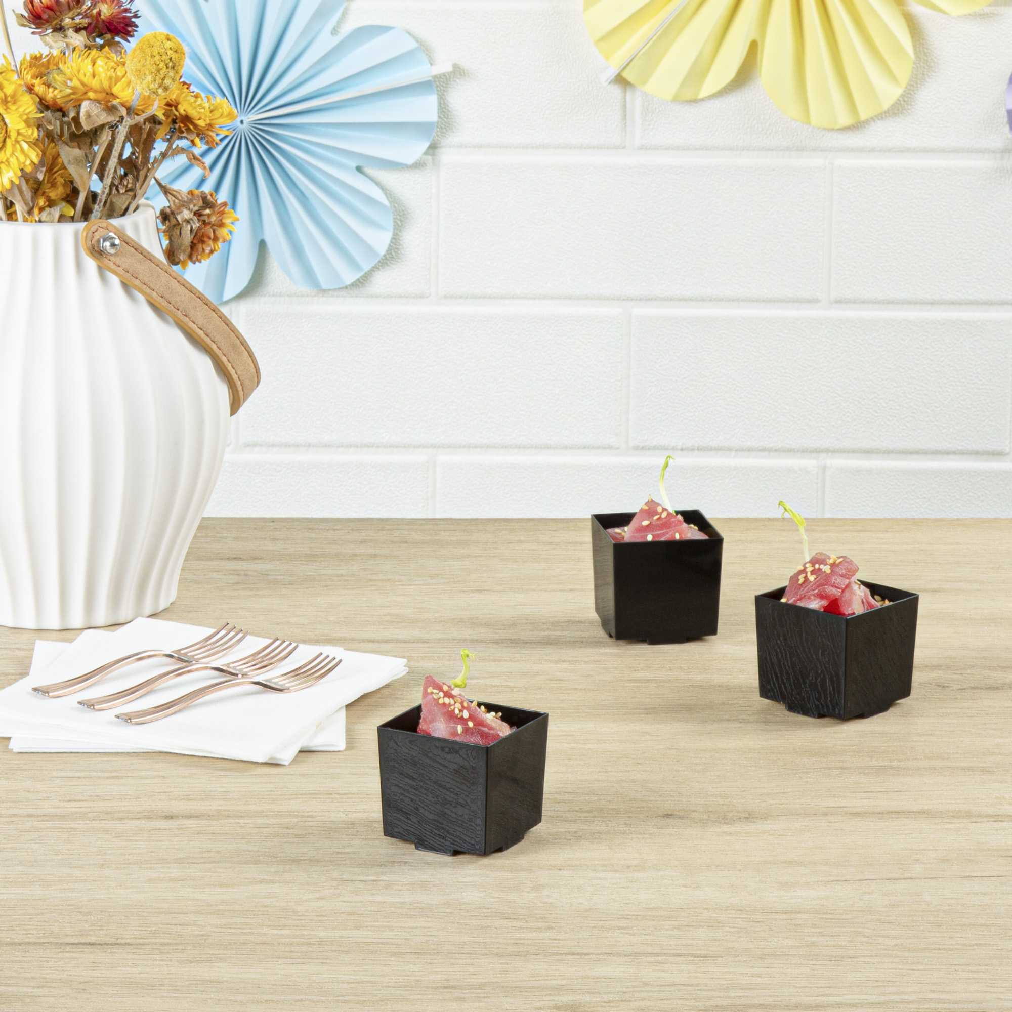 Mini Serve 3 oz Square Black Plastic Quadrato Cup - 1 3/4" x 1 1/2" x 1 3/4" - 100 count box