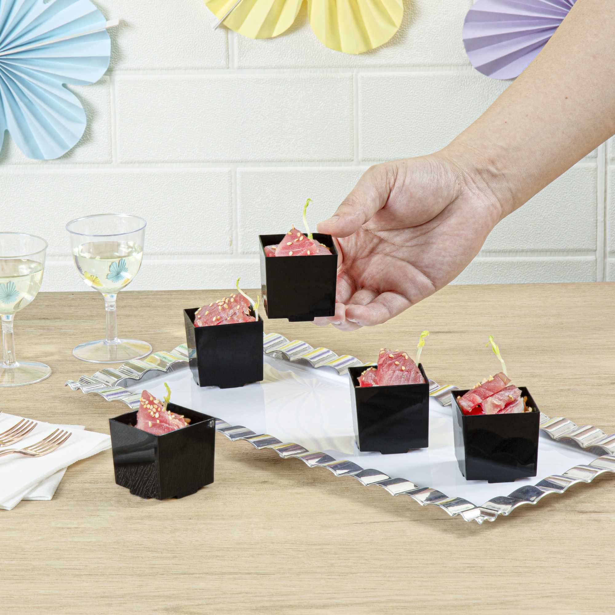 Mini Serve 3 oz Square Black Plastic Quadrato Cup - 1 3/4" x 1 1/2" x 1 3/4" - 100 count box