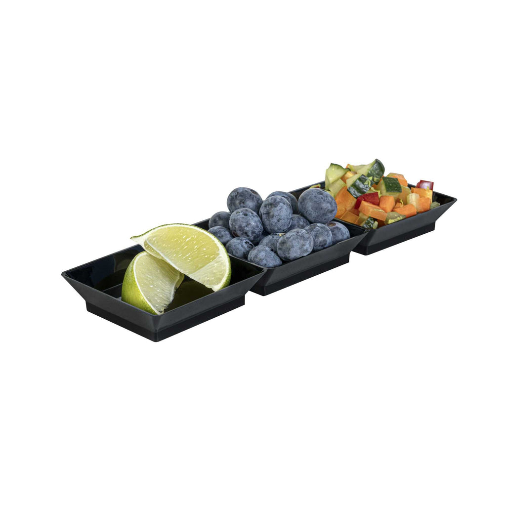 Mini Serve Rectangle Black Plastic Terzetto Mini Plate - 3 Compartments - 7 1/2" x 2 1/2" x 1/2" - 20 count box