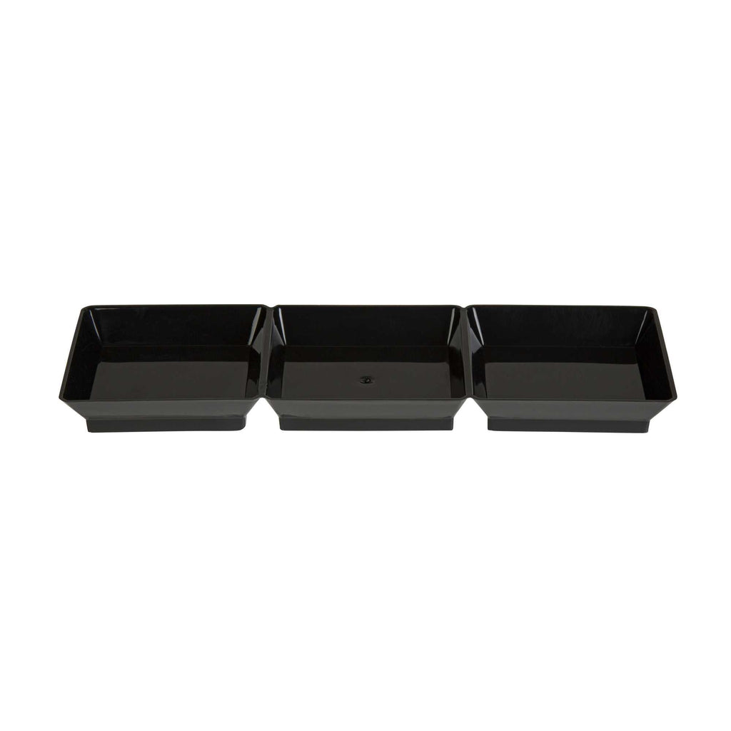 Mini Serve Rectangle Black Plastic Terzetto Mini Plate - 3 Compartments - 7 1/2" x 2 1/2" x 1/2" - 20 count box