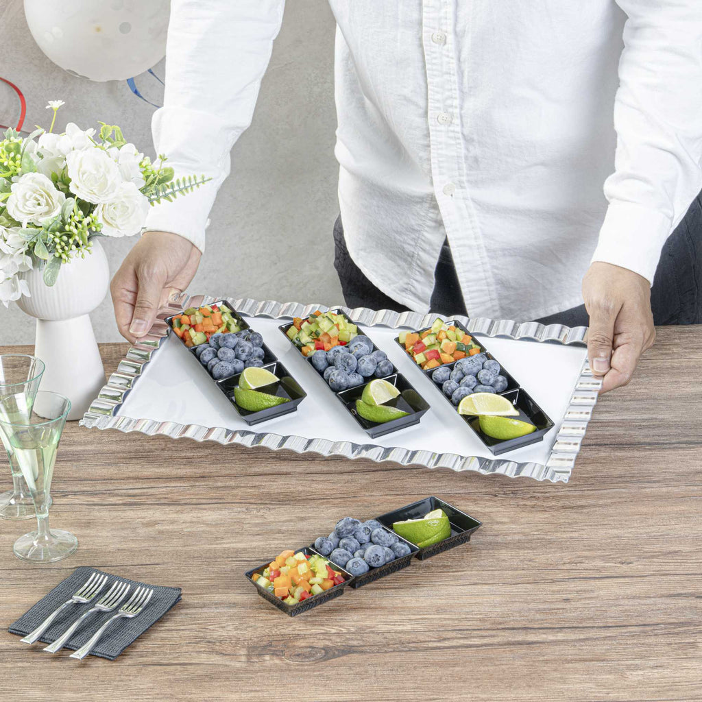 Mini Serve Rectangle Black Plastic Terzetto Mini Plate - 3 Compartments - 7 1/2" x 2 1/2" x 1/2" - 20 count box