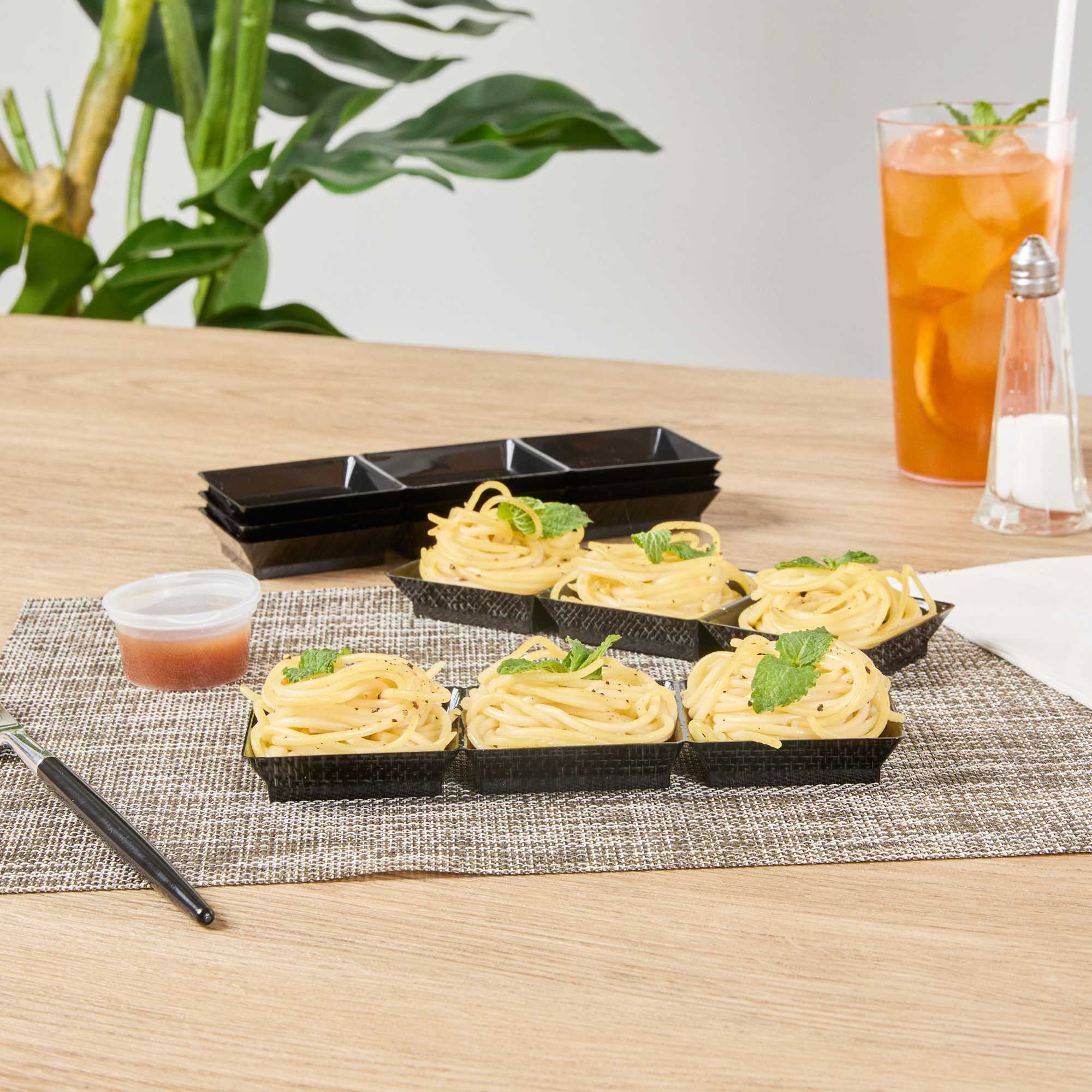 Mini Serve Rectangle Black Plastic Terzetto Mini Plate - 3 Compartments - 7 1/2" x 2 1/2" x 1/2" - 20 count box