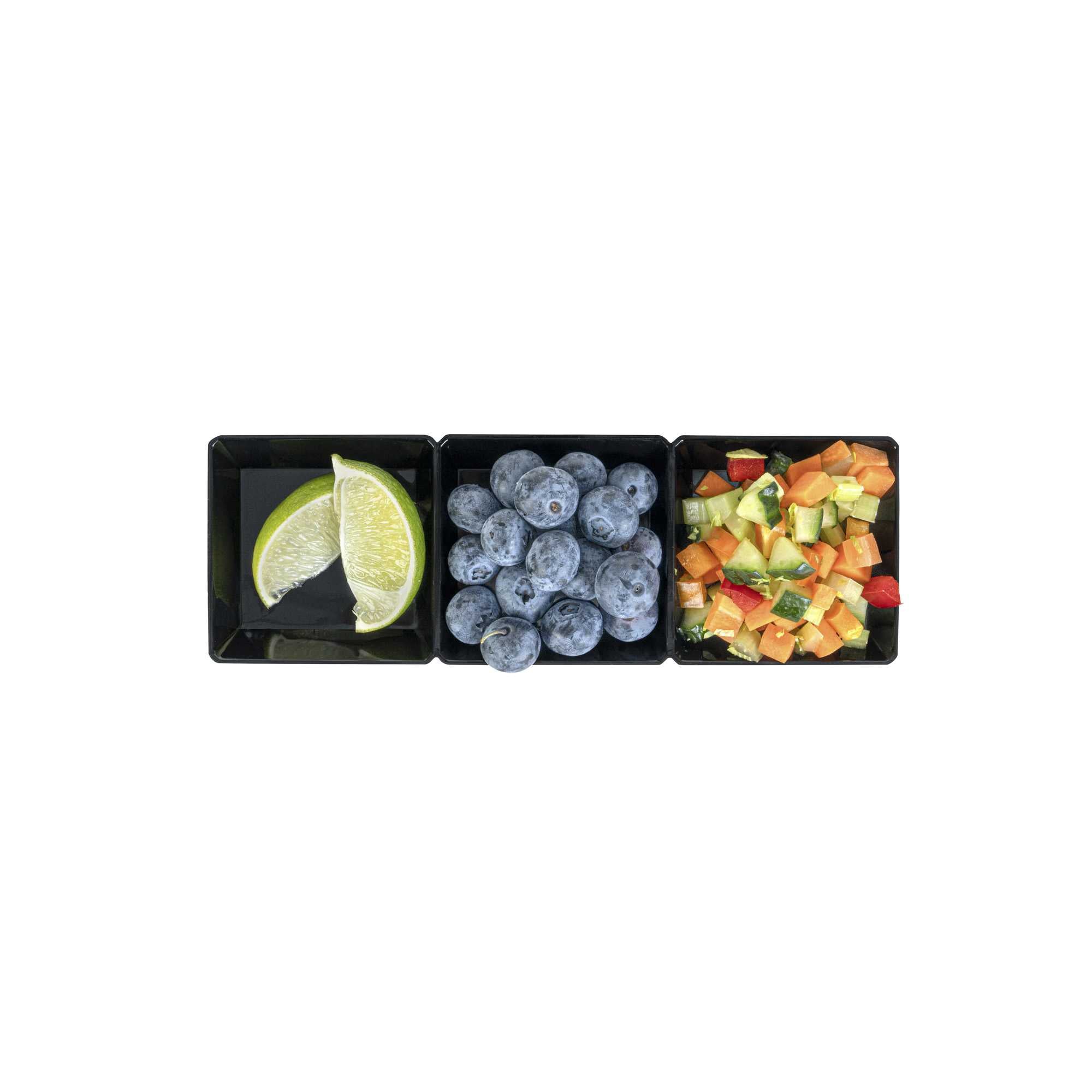 Mini Serve Rectangle Black Plastic Terzetto Mini Plate - 3 Compartments - 7 1/2" x 2 1/2" x 1/2" - 100 count box