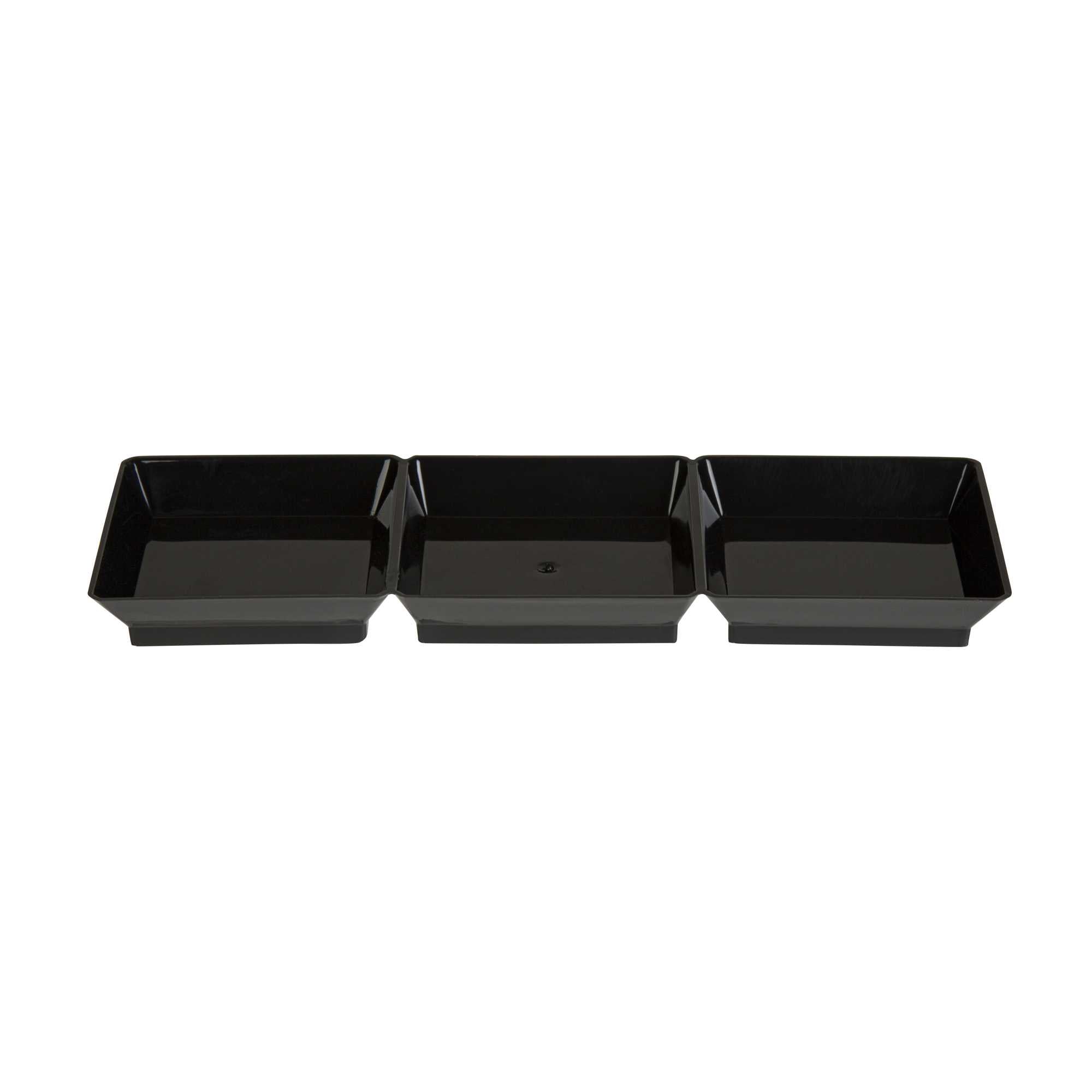 Mini Serve Rectangle Black Plastic Terzetto Mini Plate - 3 Compartments - 7 1/2" x 2 1/2" x 1/2" - 100 count box