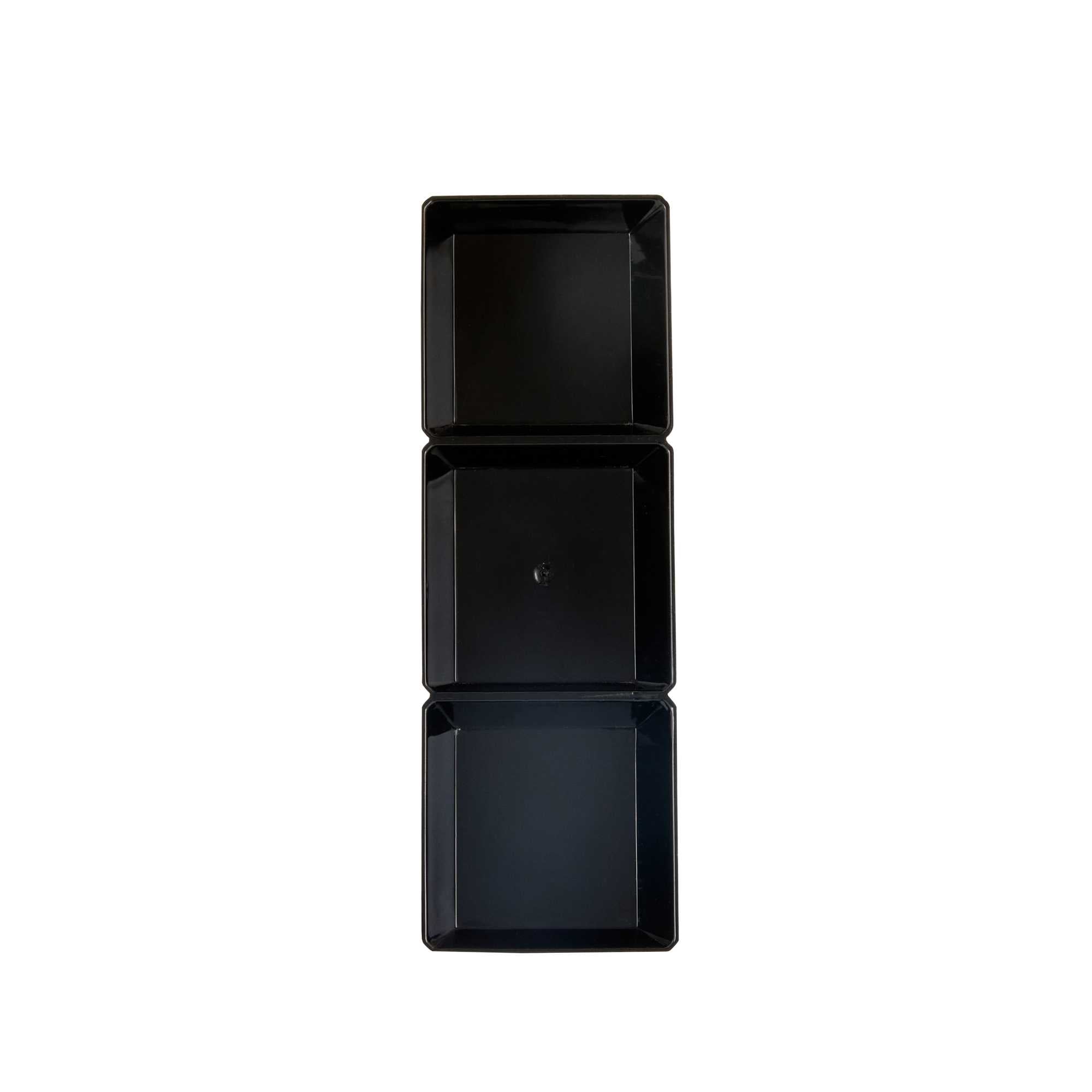 Mini Serve Rectangle Black Plastic Terzetto Mini Plate - 3 Compartments - 7 1/2" x 2 1/2" x 1/2" - 100 count box