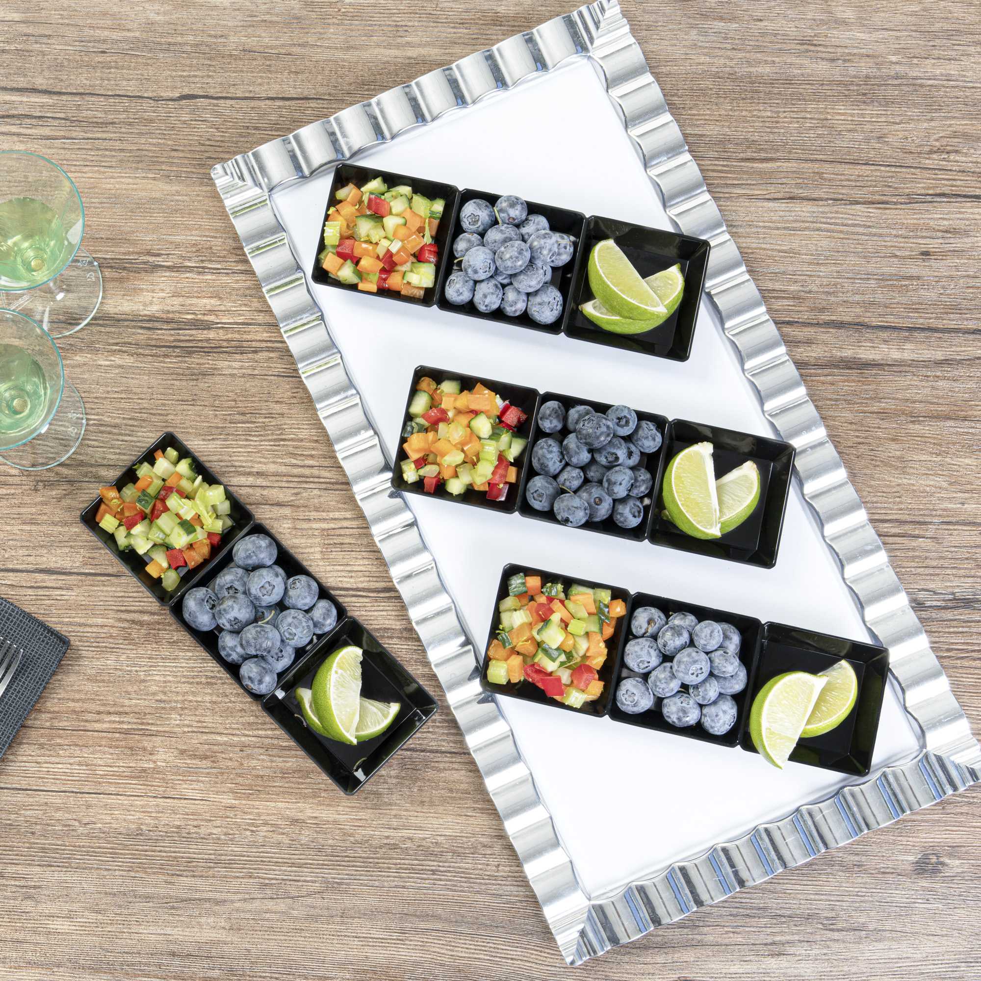 Mini Serve Rectangle Black Plastic Terzetto Mini Plate - 3 Compartments - 7 1/2" x 2 1/2" x 1/2" - 100 count box