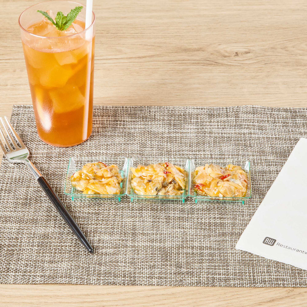 Mini Serve Rectangle Seagreen Plastic Terzetto Mini Plate - 3 Compartments - 7 1/2" x 2 1/2" x 1/2" - 100 count box