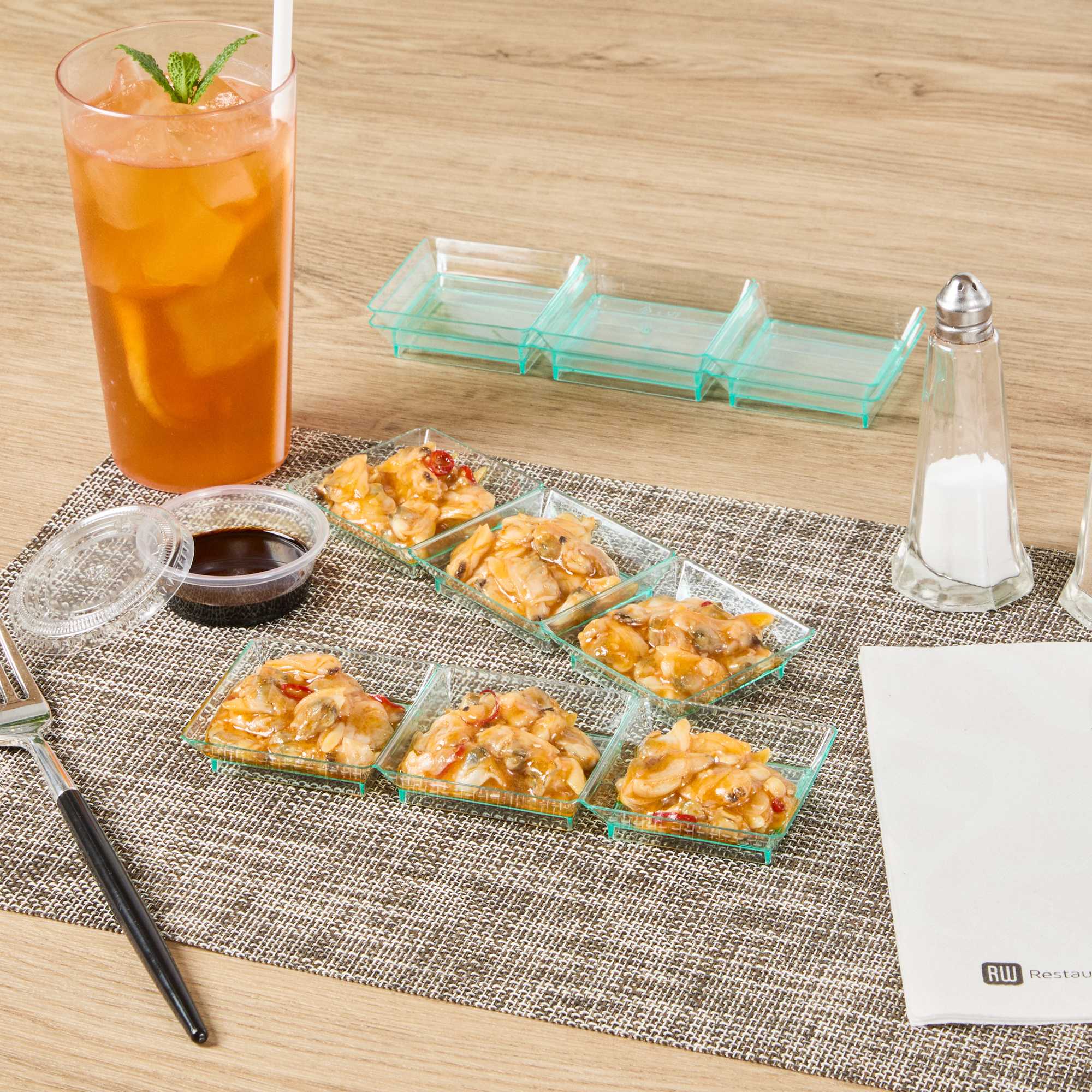 Mini Serve Rectangle Seagreen Plastic Terzetto Mini Plate - 3 Compartments - 7 1/2" x 2 1/2" x 1/2" - 100 count box