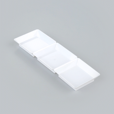 Mini Serve Rectangle White Plastic Terzetto Mini Plate - 3 Compartments - 7 1/2" x 2 1/2" x 1/2" - 20 count box