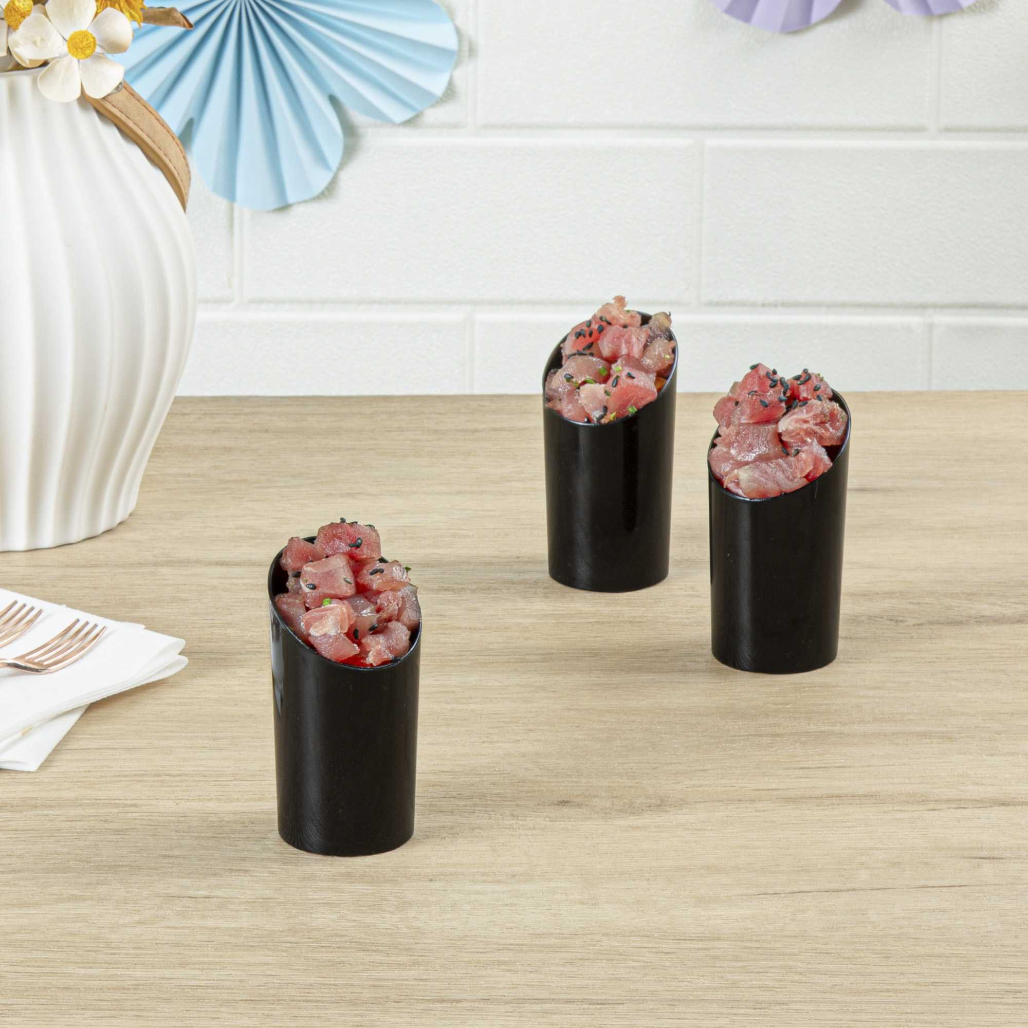 Mini Serve 3 oz Round Black Plastic Incline Shot Glass - 2" x 2" x 3 1/4" - 20 count box