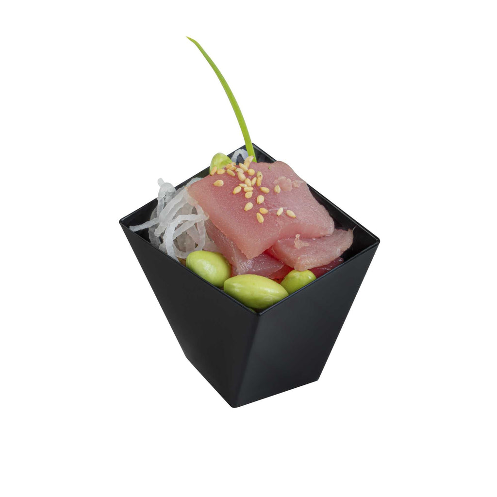 Mini Serve 2 oz Square Black Plastic Girata Dessert Dish - 2" x 2" x 1 3/4" - 100 count box