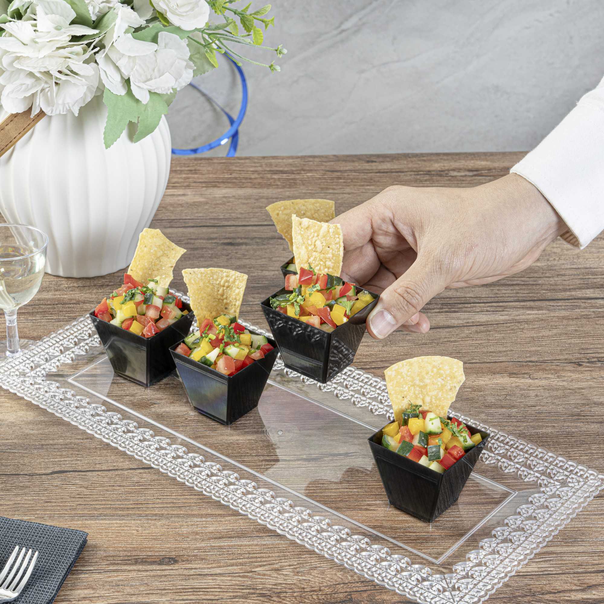 Mini Serve 2 oz Square Black Plastic Mini Kova Cup - 2" x 2" x 1 3/4" - 20 count box