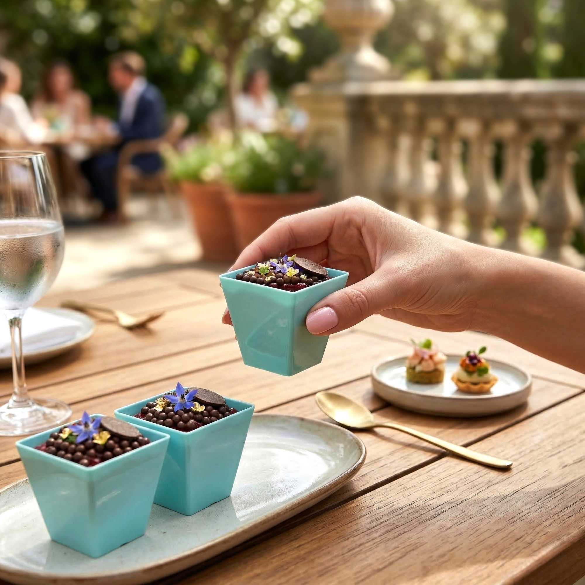 Mini Serve 2 oz Square Baby Blue Plastic Mini Kova Cup - Limited Edition - 2" x 2" x 1 3/4" - 100 count box