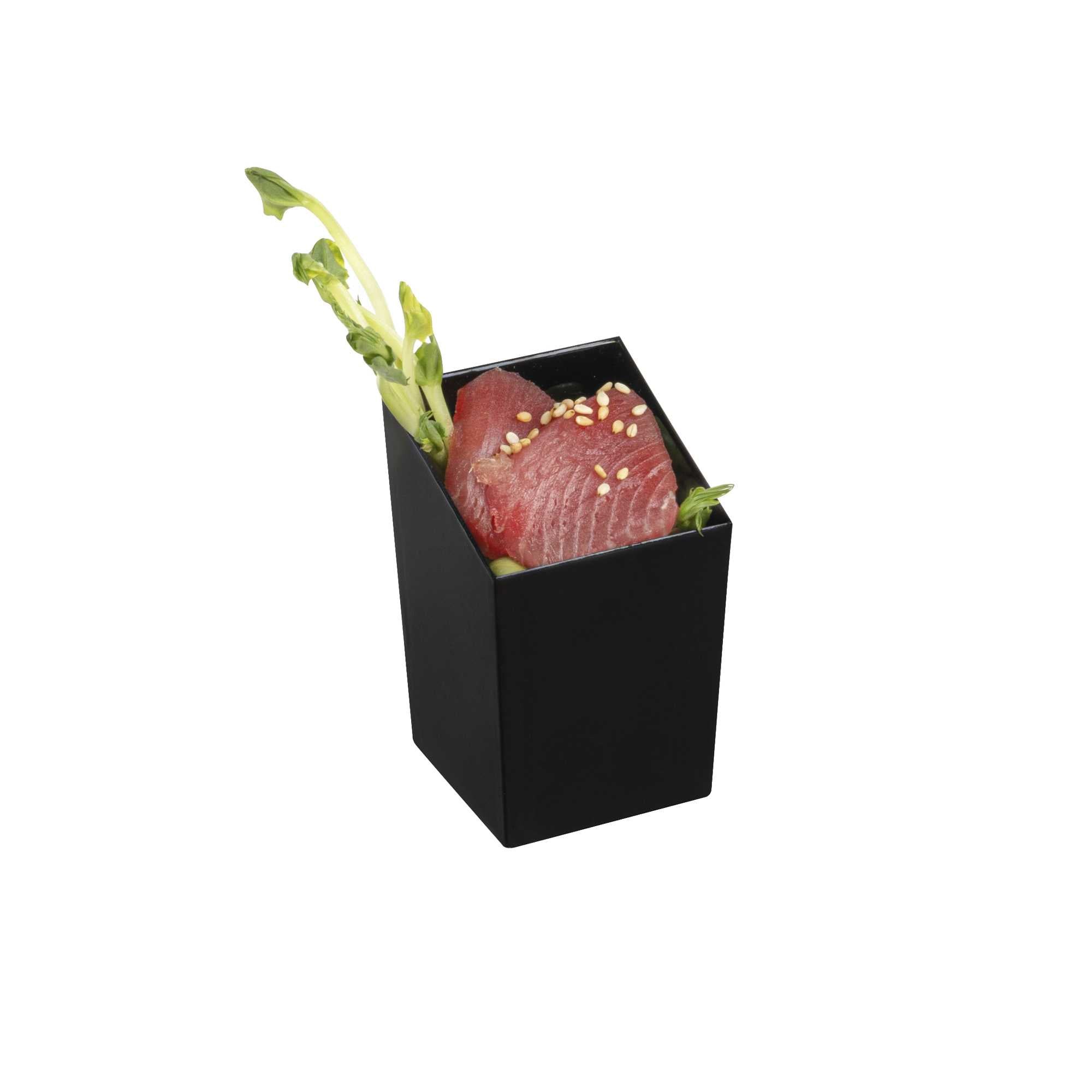 Mini Serve 3 oz Square Black Plastic Incline Cup - 1 3/4" x 1 3/4" x 2 3/4" - 100 count box