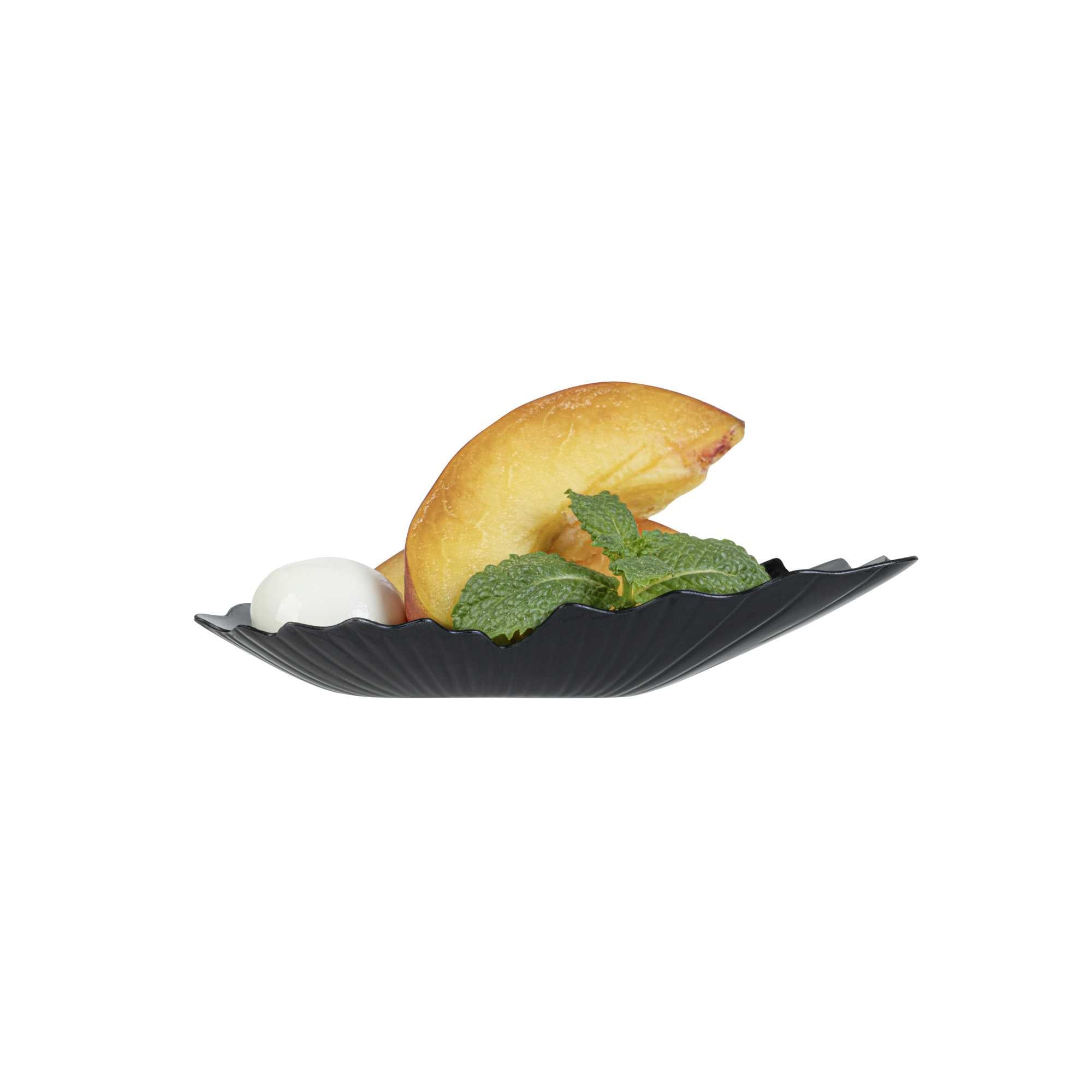 Mini Serve Black Plastic Mini Coquille Plate - 3 1/4" x 3 1/4" x 1/2" - 100 count box