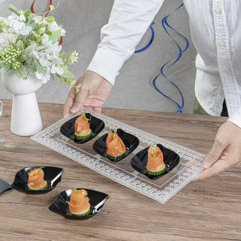 Mini Serve Square Black Plastic Comma Plate - 3 1/2" x 4 1/2" x 1" - 100 count box