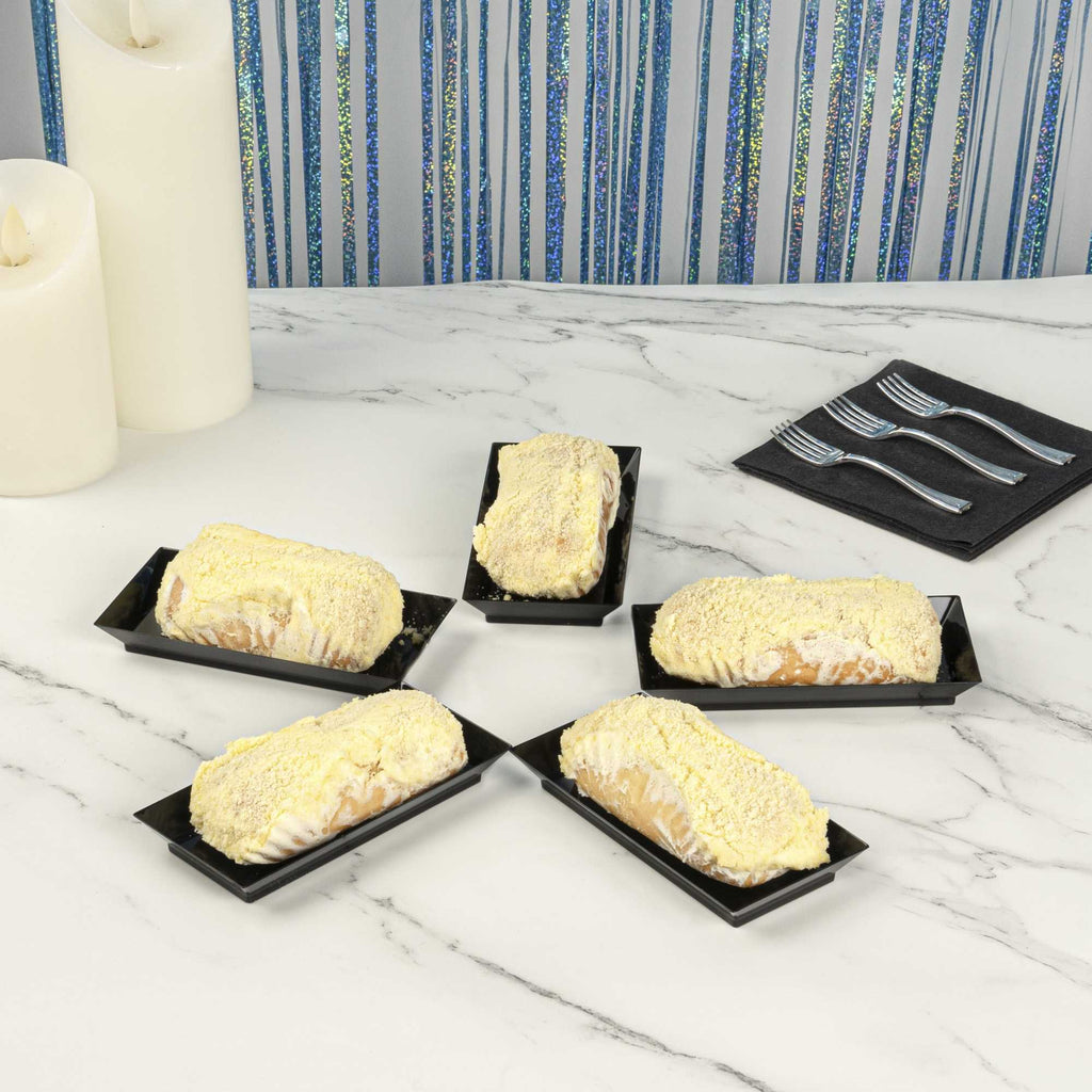 Mini Serve Rectangle Black Plastic Plate - 5" x 2 1/2" x 1/2" - 100 count box