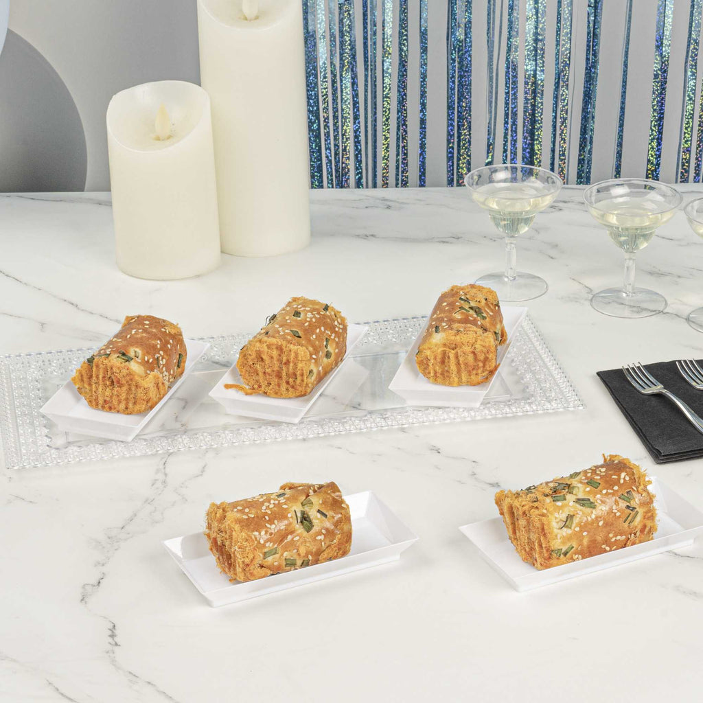 Mini Serve Rectangle White Plastic Plate - 5" x 2 1/2" x 1/2" - 20 count box