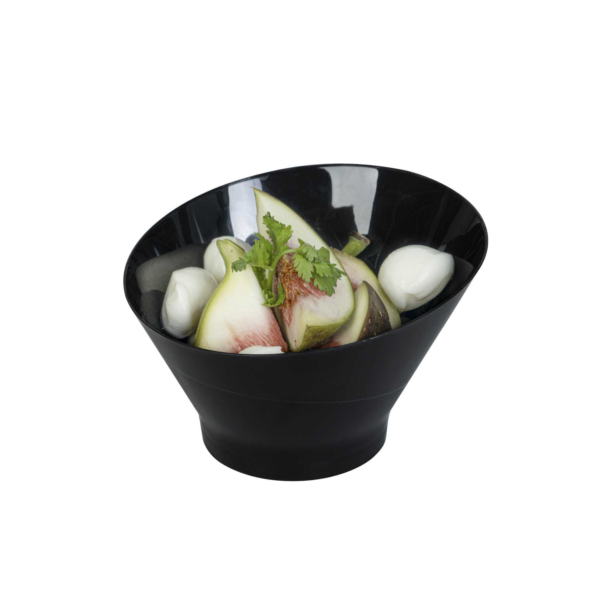 Mini Serve 7 oz Round Black Plastic Incline Bowl - 4 1/4" x 4 1/4" x 2 3/4" - 20 count box