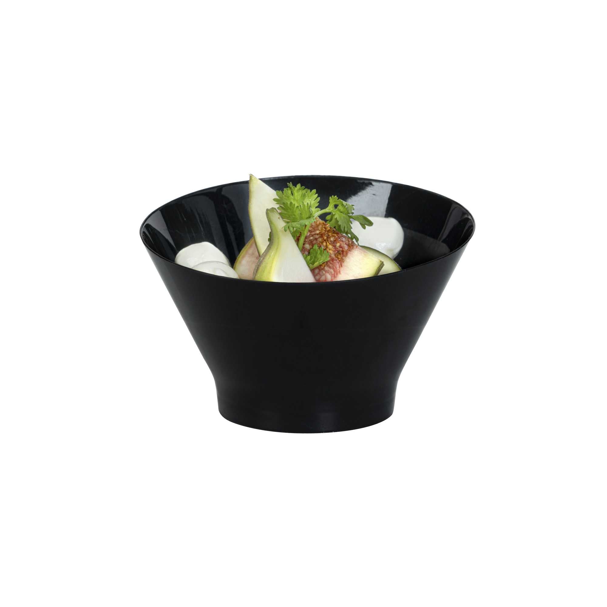 Mini Serve 7 oz Round Black Plastic Incline Bowl - 4 1/4" x 4 1/4" x 2 3/4" - 100 count box