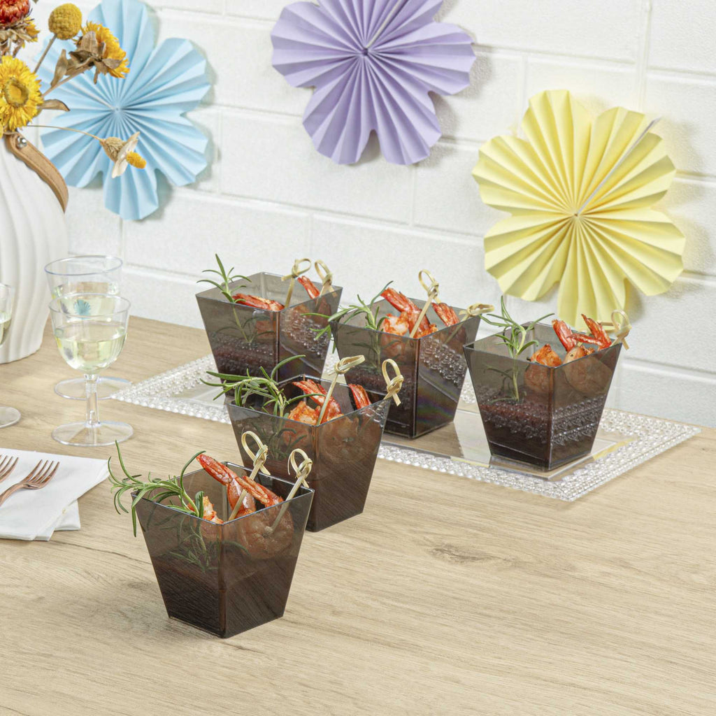 Mini Serve 8 oz Square Smoked Gray Plastic Large Kova Cup - 2 3/4" x 2 3/4" x 2 3/4" - 25 count box