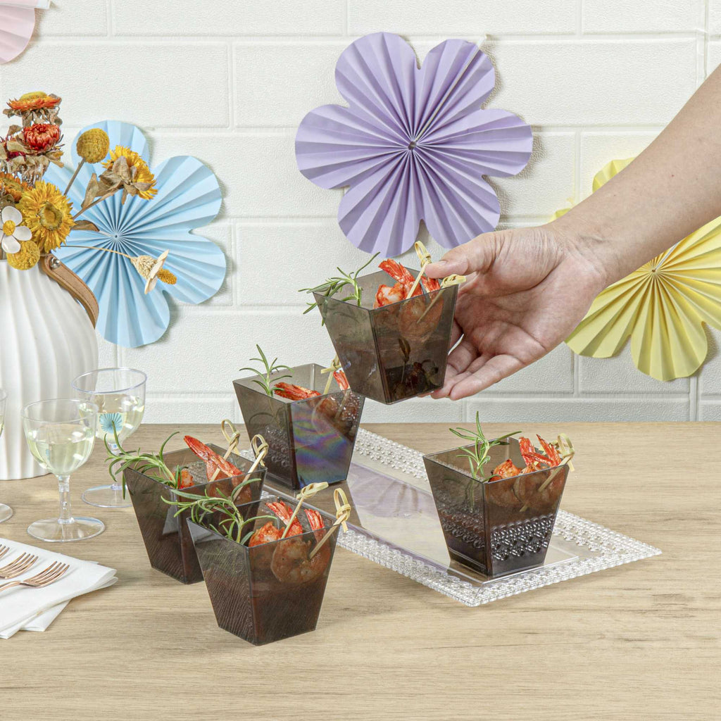Mini Serve 8 oz Square Smoked Gray Plastic Large Kova Cup - 2 3/4" x 2 3/4" x 2 3/4" - 25 count box