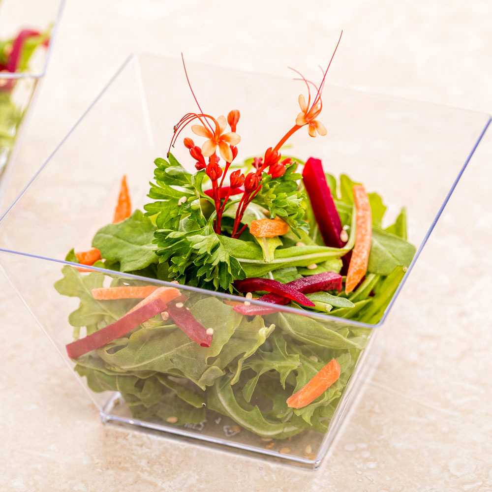 Mini Serve 16 oz Square Clear Plastic Large Kova Bowl - 4 1/4" x 4 1/4" x 3" - 100 count box