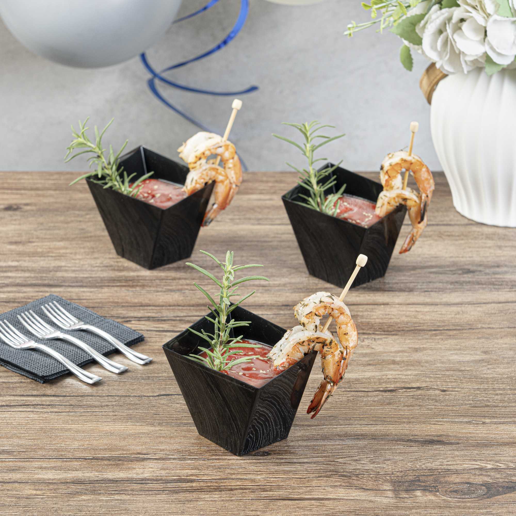 Mini Serve 6 oz Square Black Plastic Large Girata Dish - 3 1/4" x 2 3/4" x 3" - 100 count box