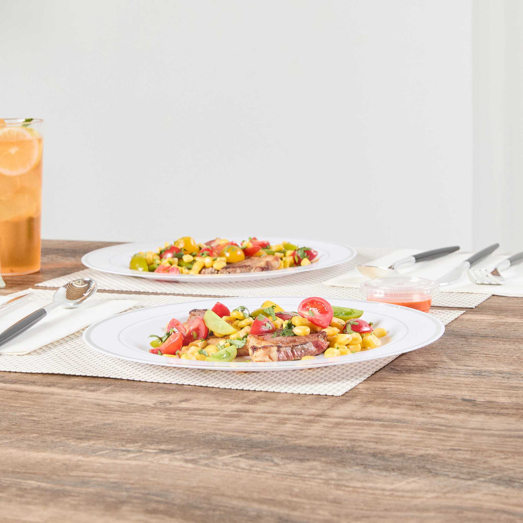 Maxi Serve Round White Plastic Silver-Rimmed Plate - 10 1/2" x 10 1/2" x 1/2" - 100 count box