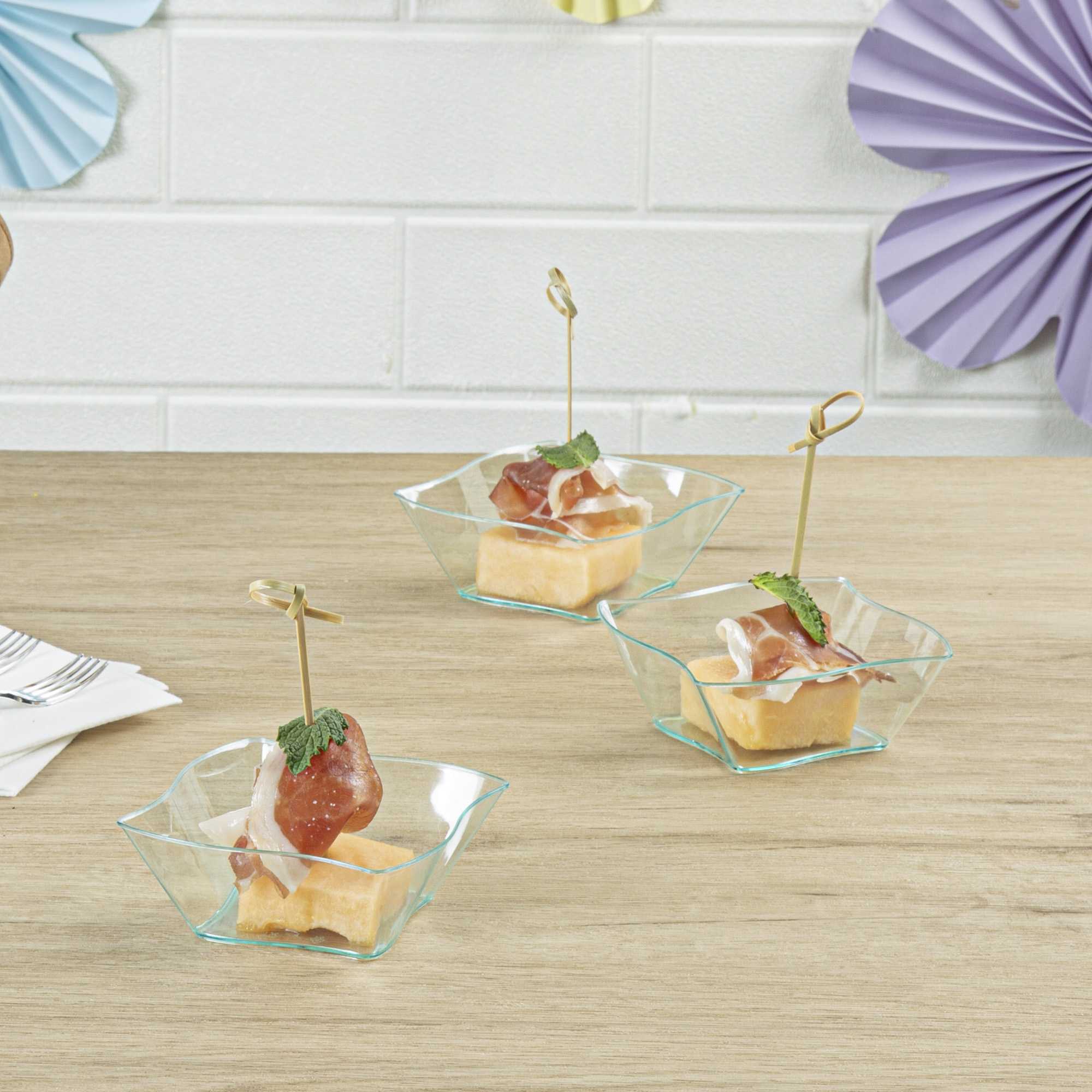 Mini Serve 6 oz Square Seagreen Plastic Aqua Bowl - 3 1/4" x 3 1/4" x 1 1/2" - 100 count box
