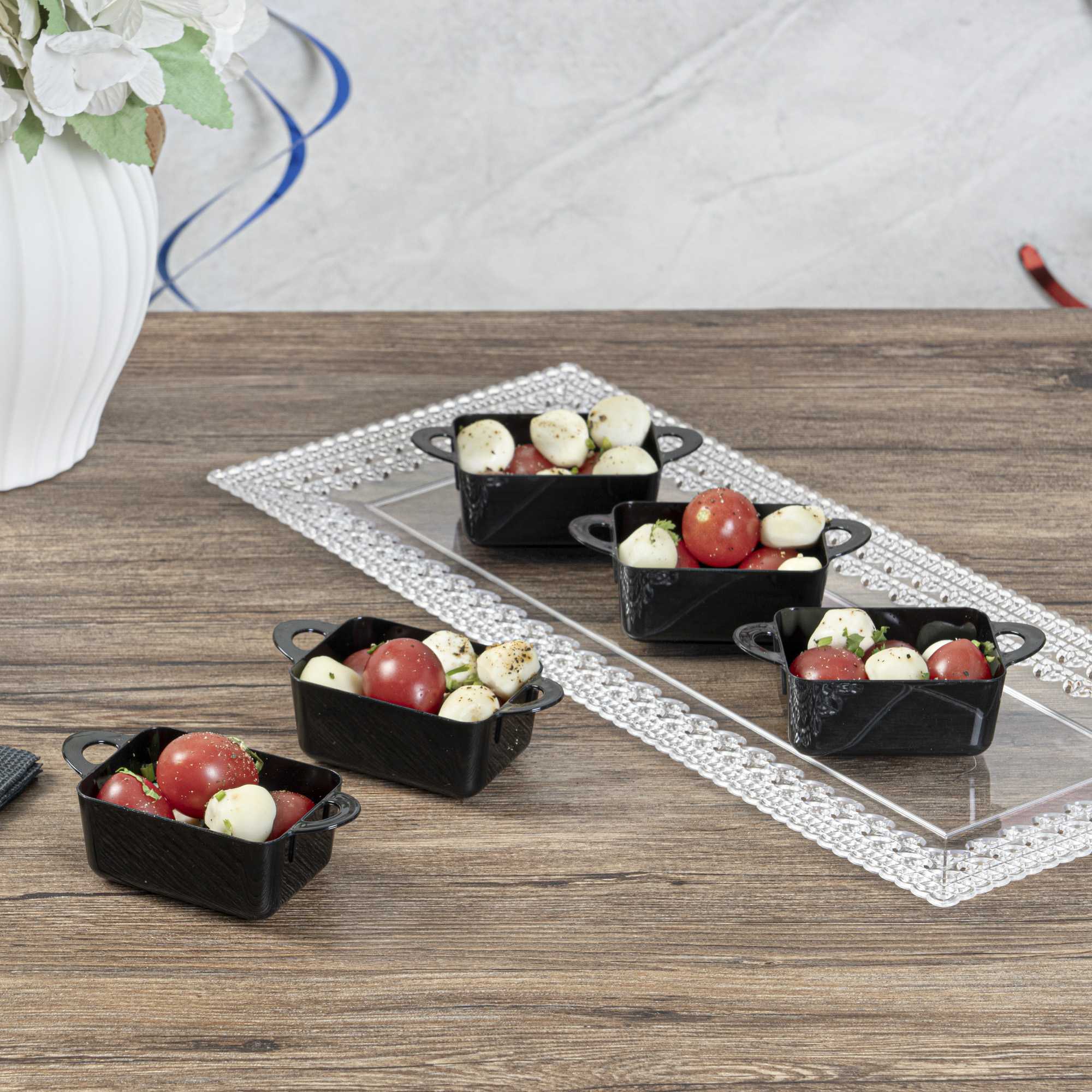 Mini Serve 3 oz Rectangle Black Plastic Cocotte - 3 3/4" x 2" x 1 1/2" - 100 count box
