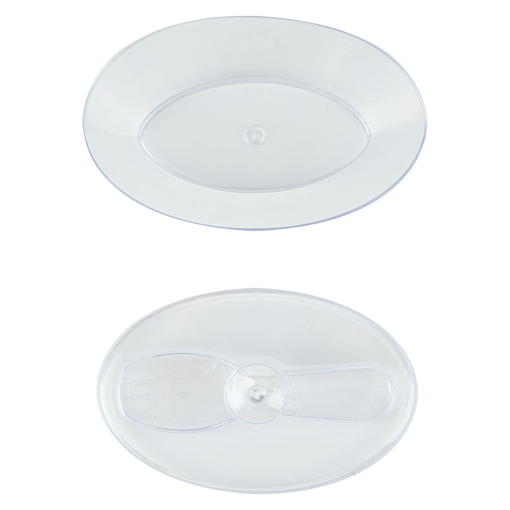 Mini Serve 4 oz Oval Clear Plastic Deli Cup - with Spork in Lid - 4 1/2" x 2 3/4" x 2 3/4" - 100 count box