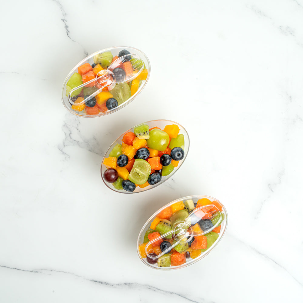 Mini Serve 4 oz Oval Clear Plastic Deli Cup - with Spork in Lid - 4 1/2" x 2 3/4" x 2 3/4" - 100 count box